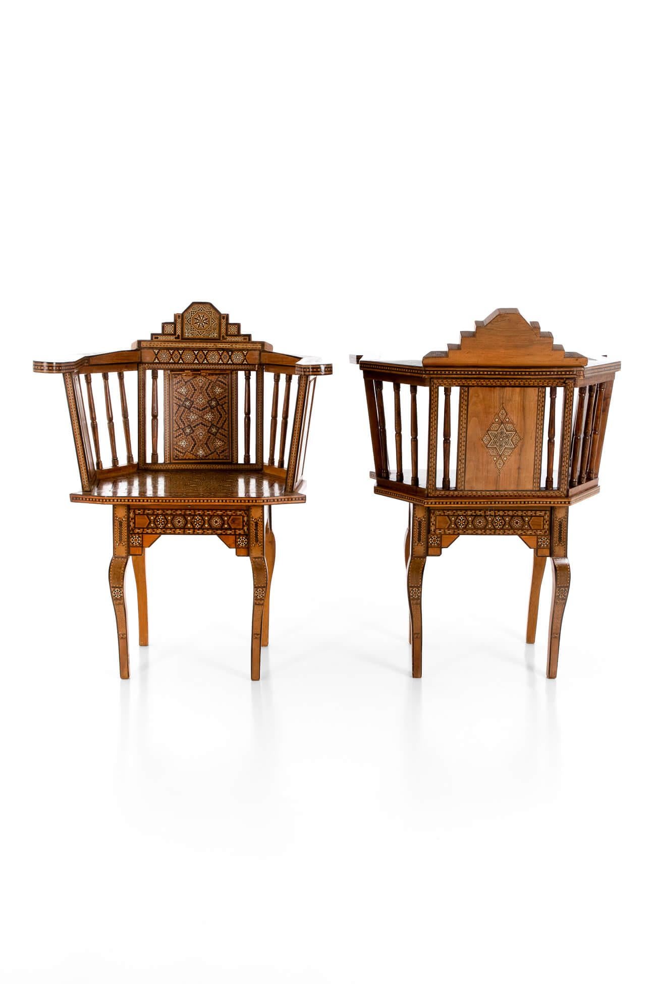 Islamic Pair of Parquetry Damascus Chairs For Sale