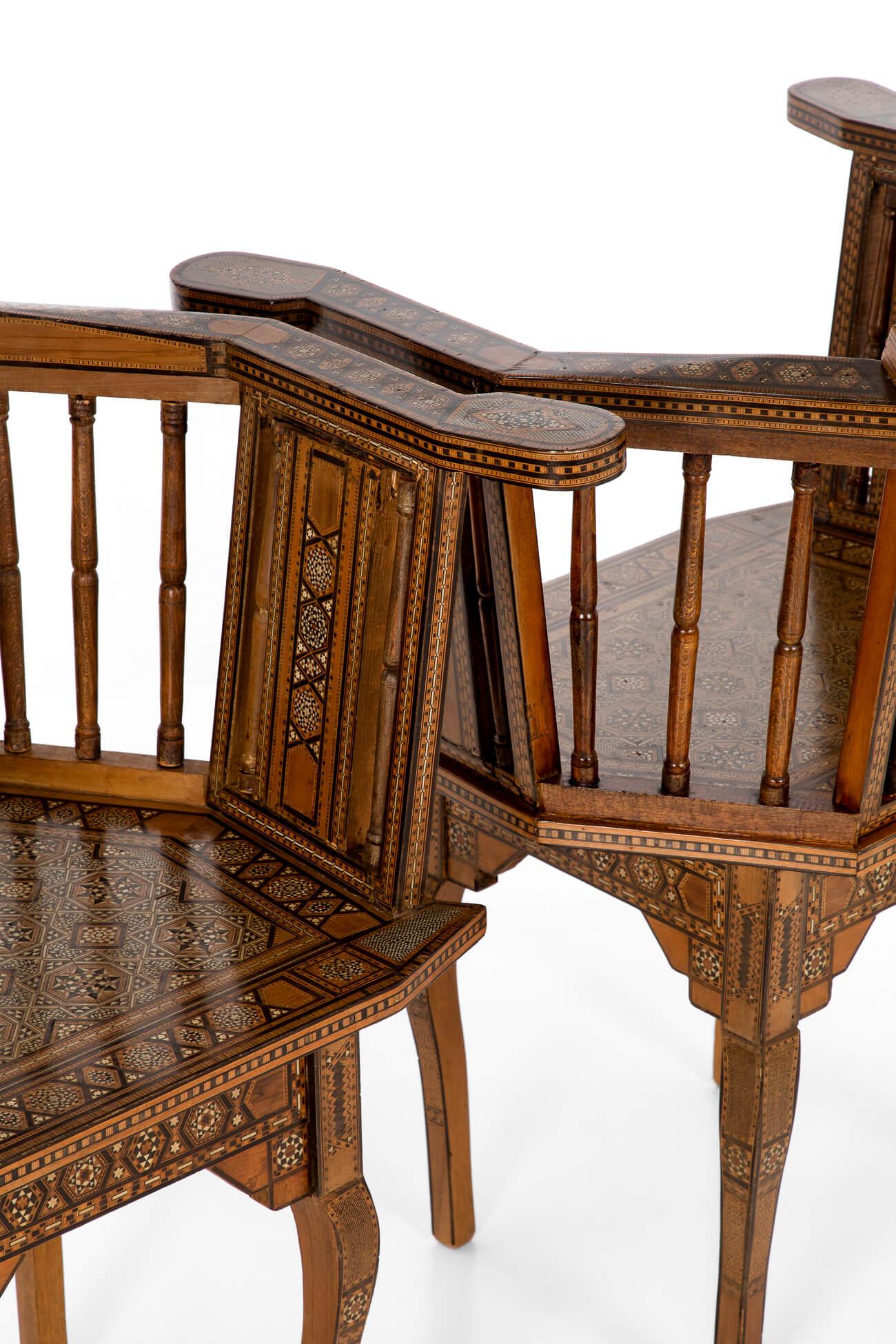 Hand-Crafted Pair of Parquetry Damascus Chairs For Sale