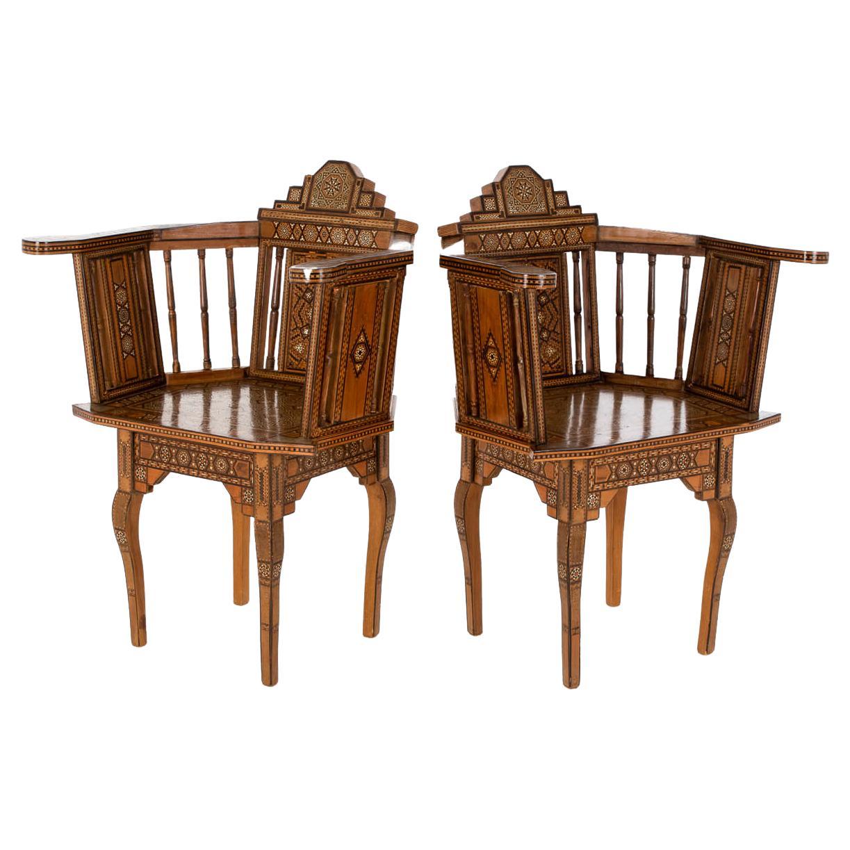 Pair of Parquetry Damascus Chairs For Sale