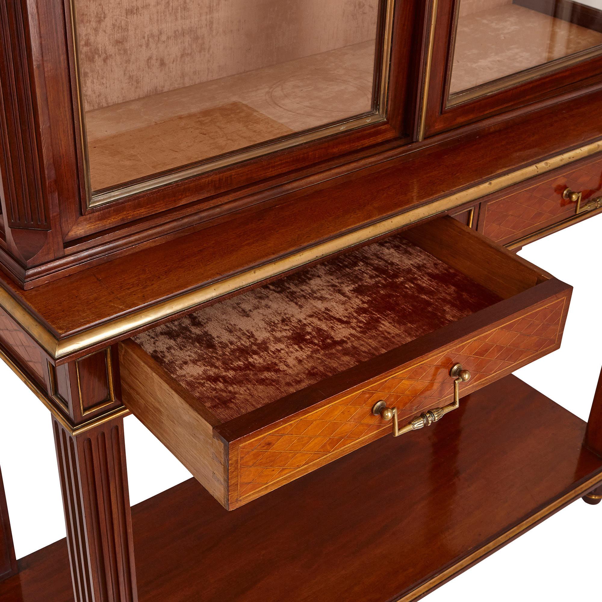Louis XVI Pair of Parquetry Mahogany Display Cabinets with Gilt Bronze Mounts For Sale