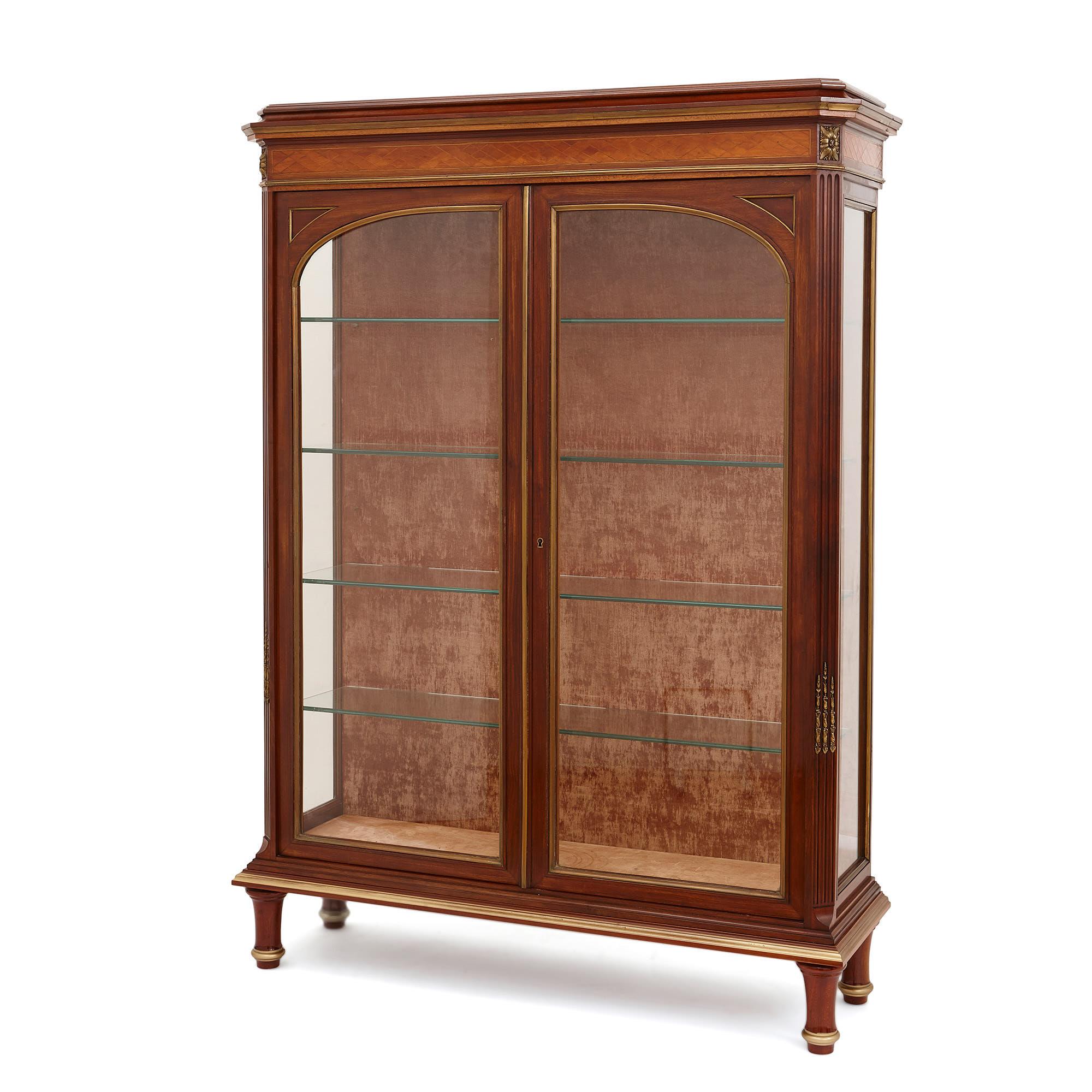 Glass Pair of Parquetry Mahogany Display Cabinets with Gilt Bronze Mounts For Sale