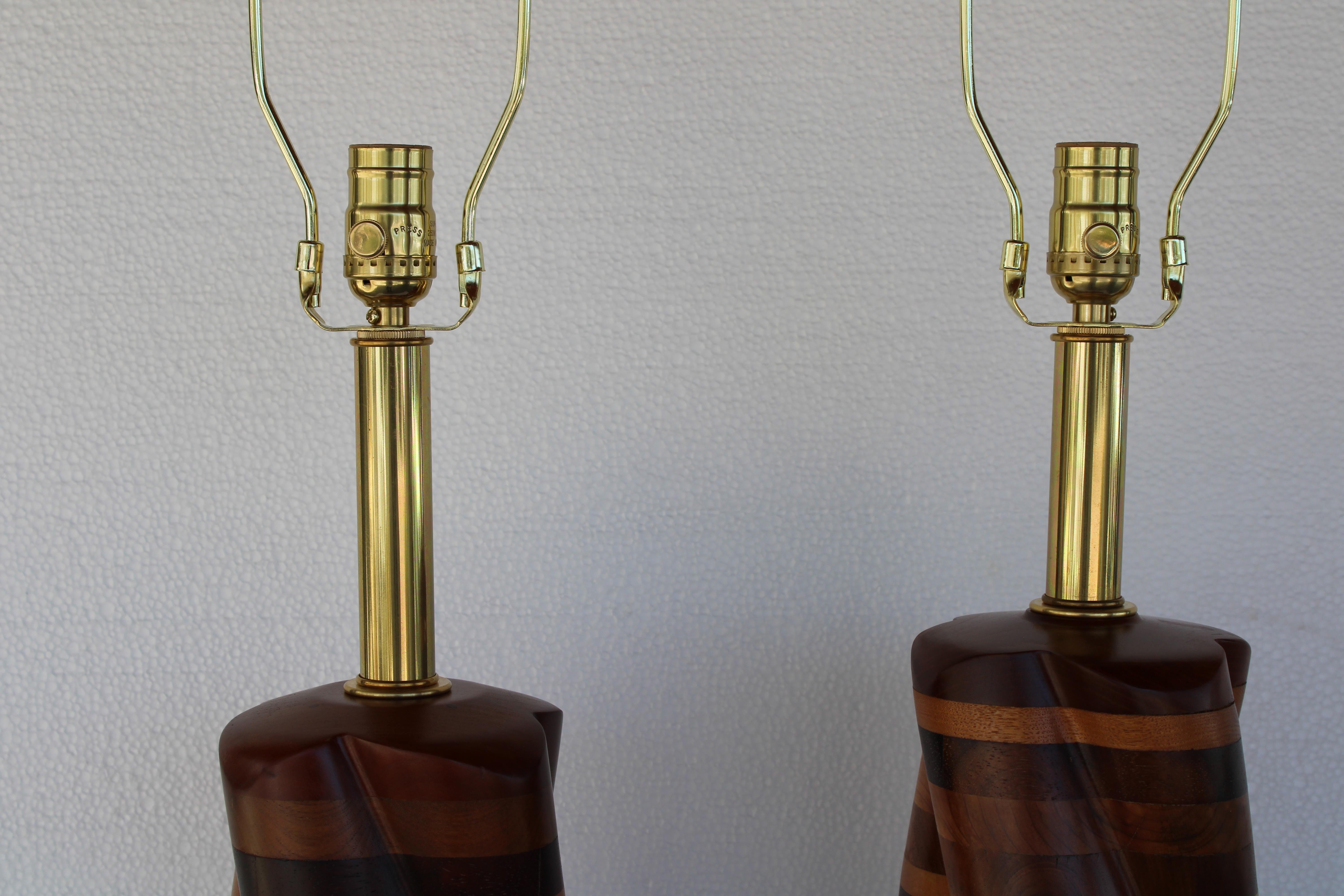 Pair of Parquetry Turned Wood Lamps In Good Condition In Palm Springs, CA