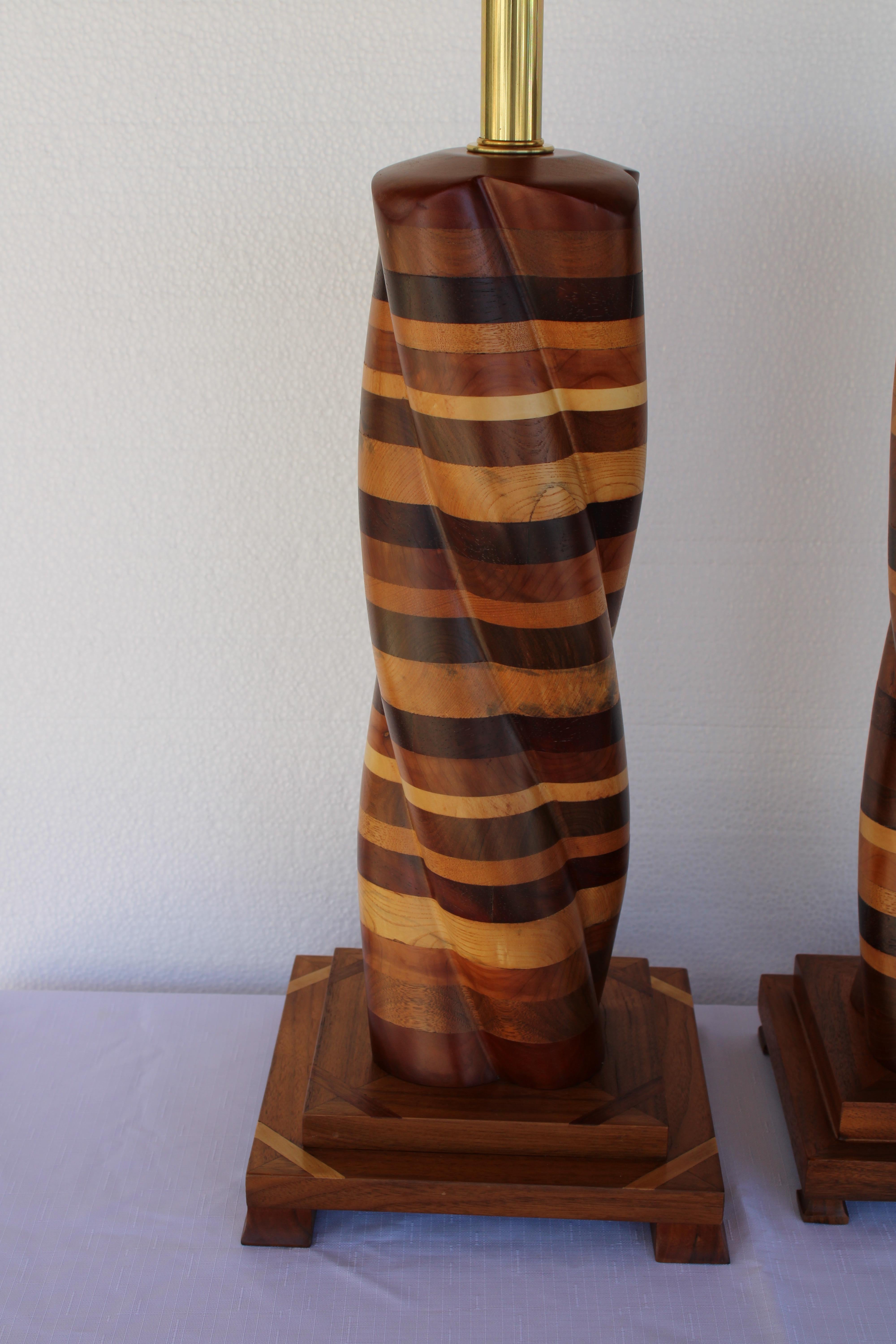 Late 20th Century Pair of Parquetry Turned Wood Lamps