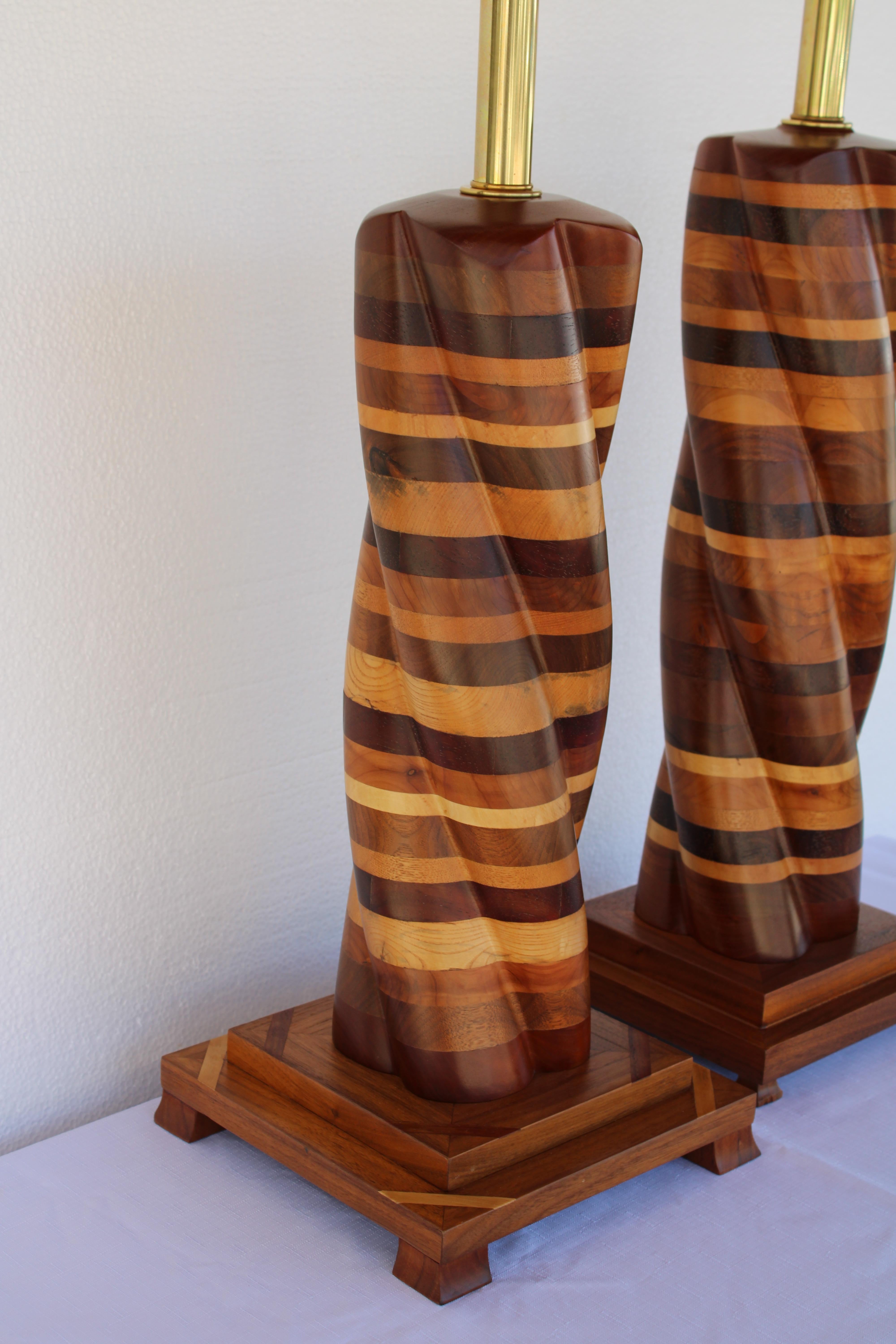 Pair of Parquetry Turned Wood Lamps 1