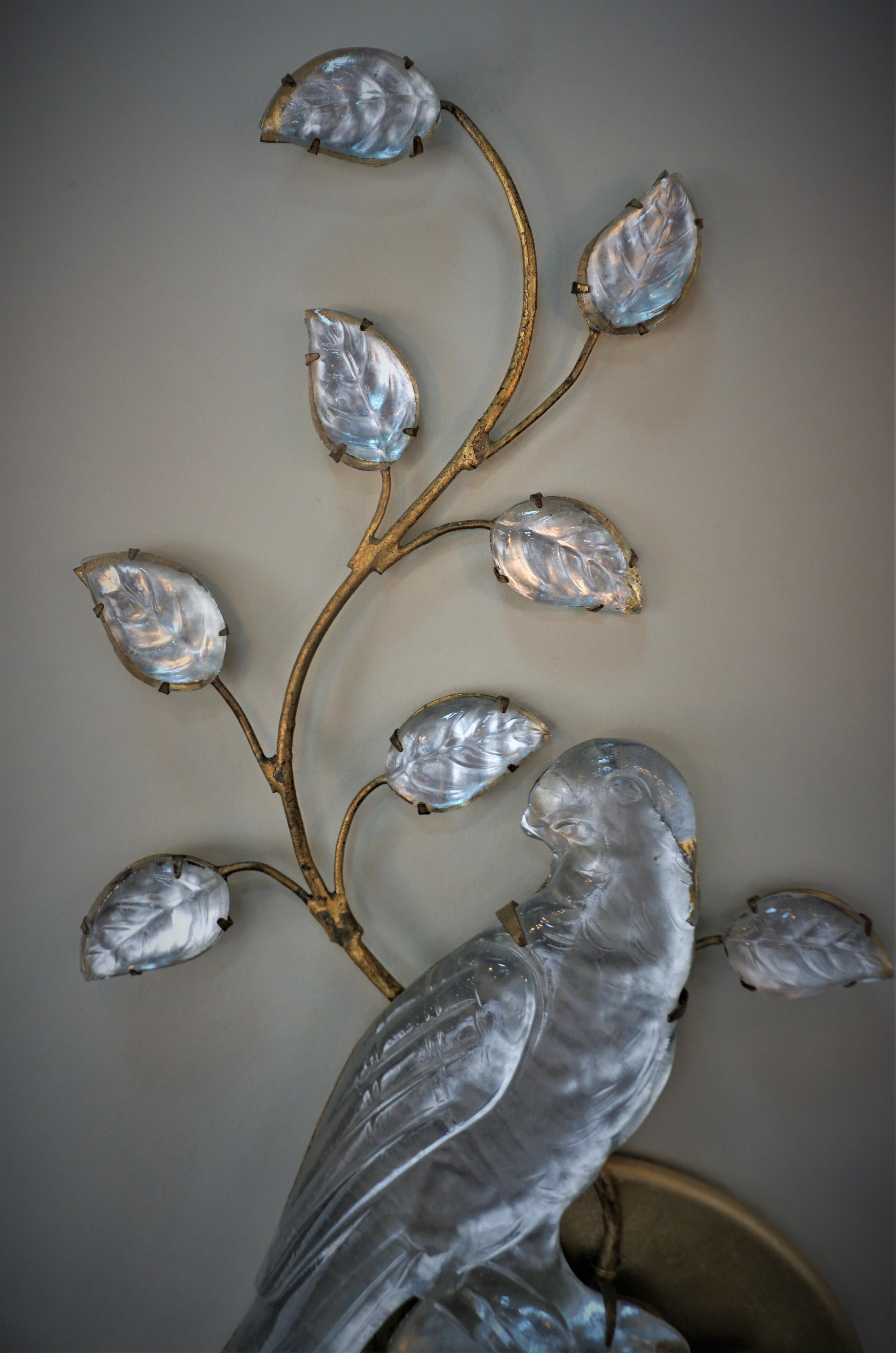 Crystal Pair of Parrot Design Gilt Iron Wall Sconces by Maison Bagues
