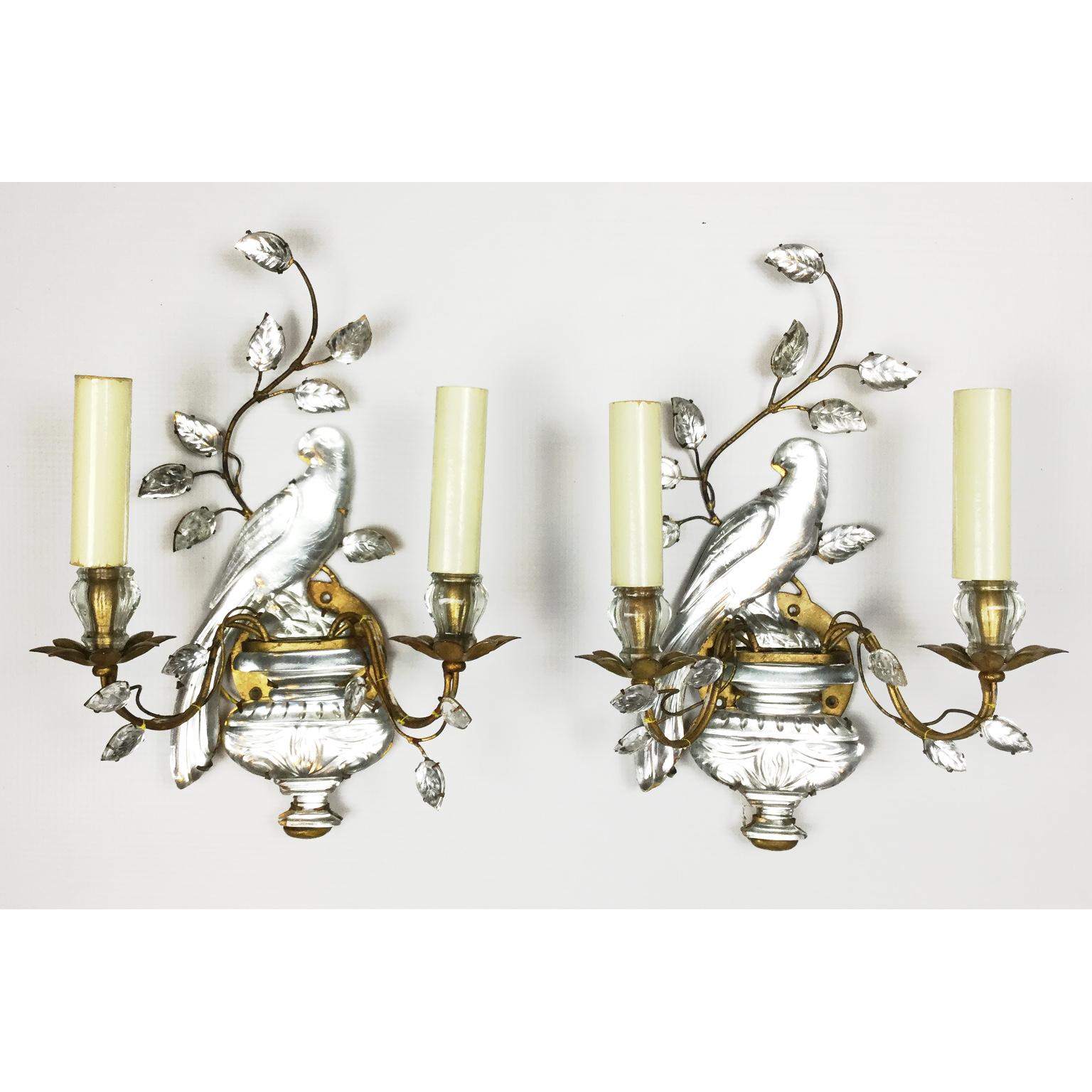 Pair of Parrots Glass and Gilded Sconces by Maison Baguès, Paris, 1950s 1