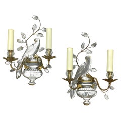 Pair of Parrots Glass and Gilded Sconces by Maison Baguès, Paris, 1950s