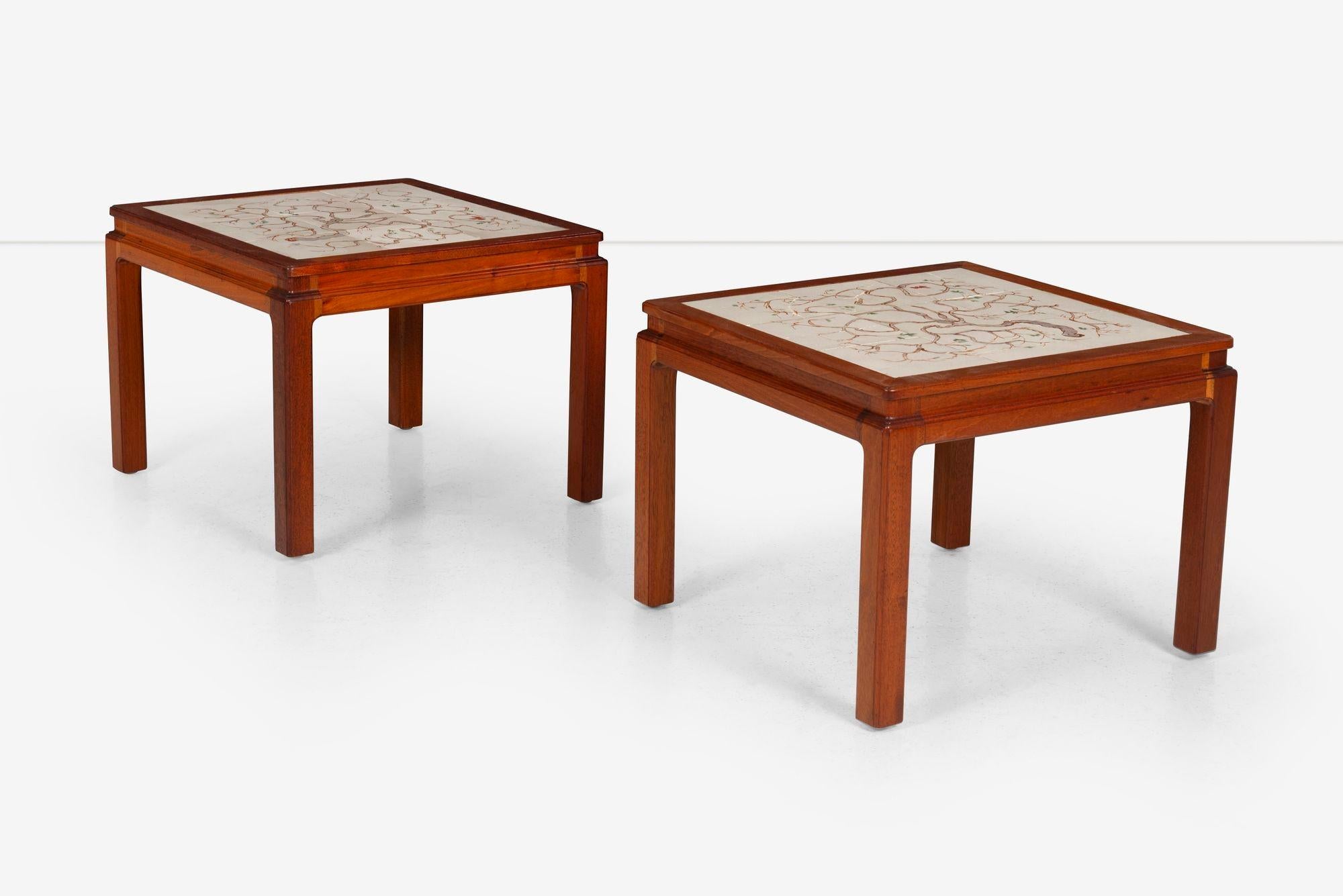 Mid-Century Modern Pair of Parson End Tables by Edward Wormley for Dunbar with hand painted tiles For Sale