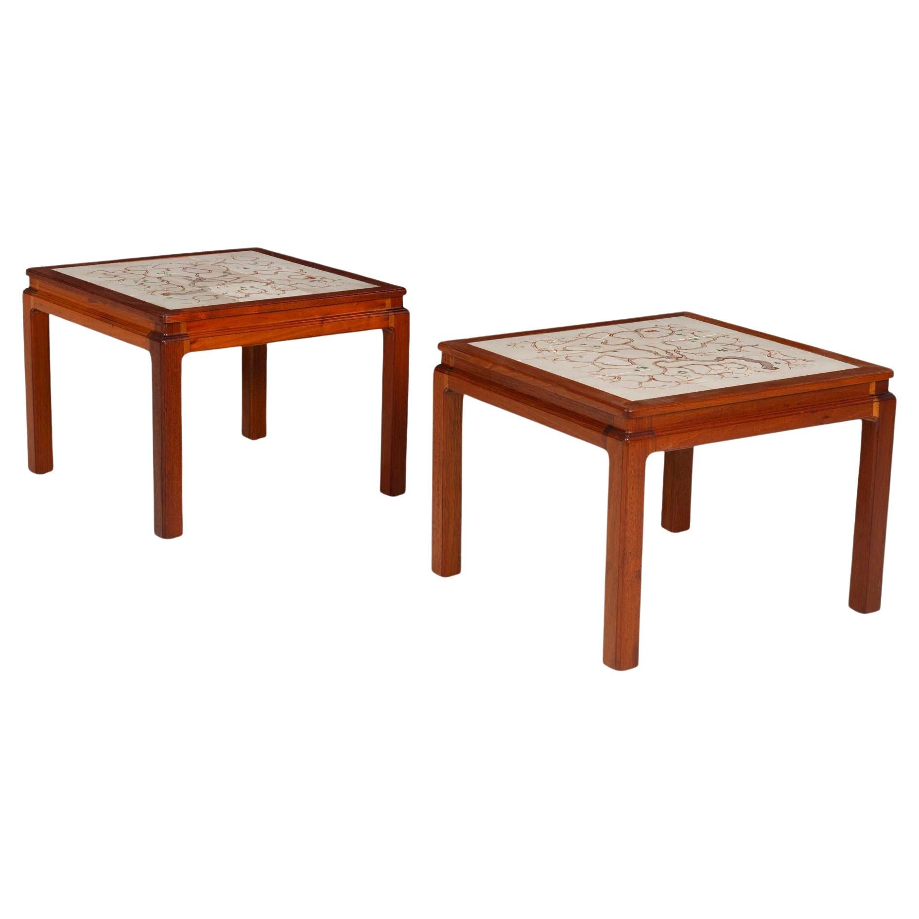 Pair of Parson End Tables by Edward Wormley for Dunbar with hand painted tiles For Sale