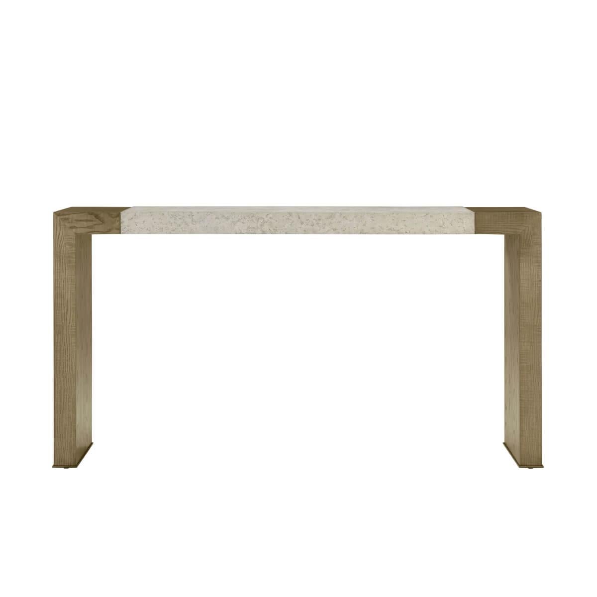 A modern parsons style console table made of figured ash in our light dune finish with our exclusive Mineral finished top and metal detail at the base of the legs in a bronze finish.

Dimensions: 66