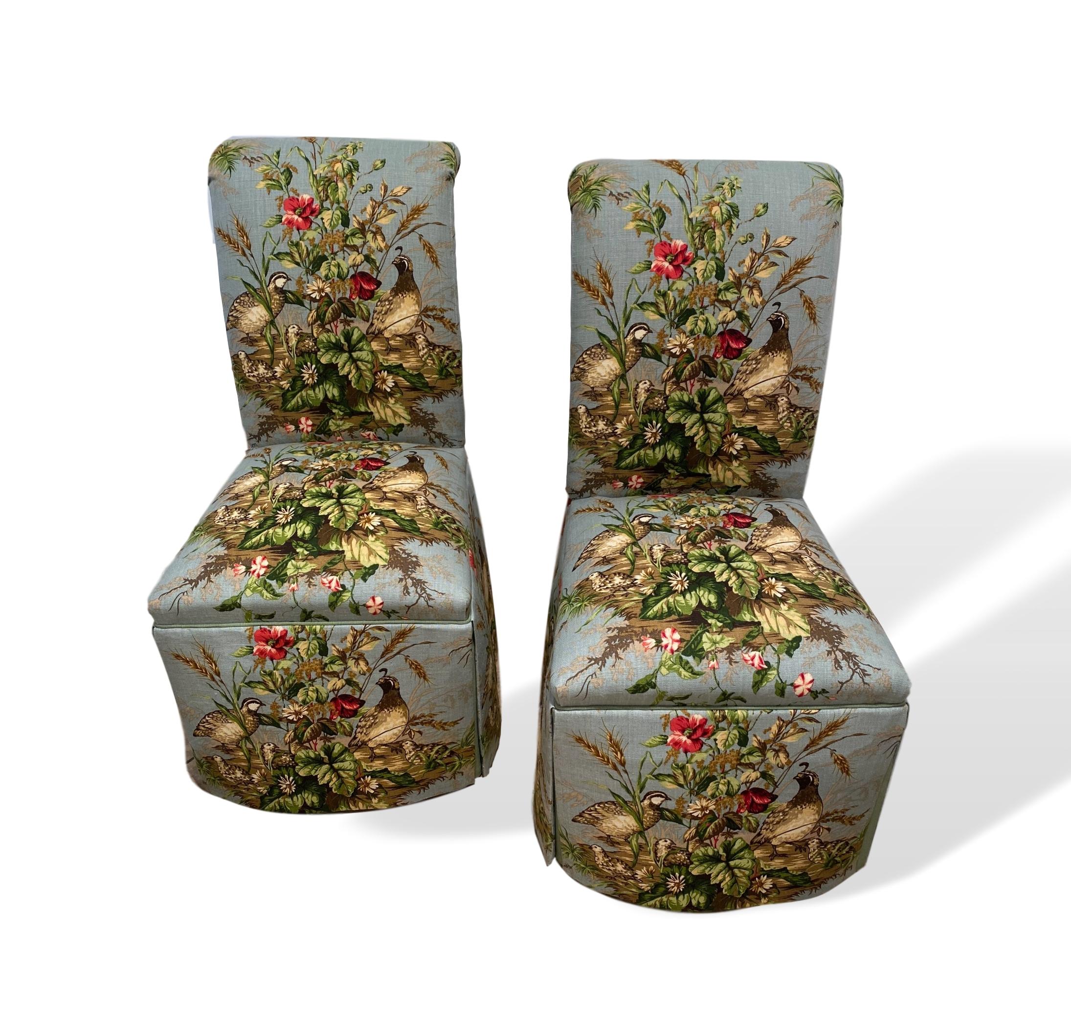 Pair of brand-new Parsons chairs in Scalamandré iconic fabric 'Edwin's Covey' multi on London blue (SKU: SC-0004-16310 Price: $298 per yard with a 2-yard minimum per order--this pair took 10 yards). This is one of the most instantly recognizable