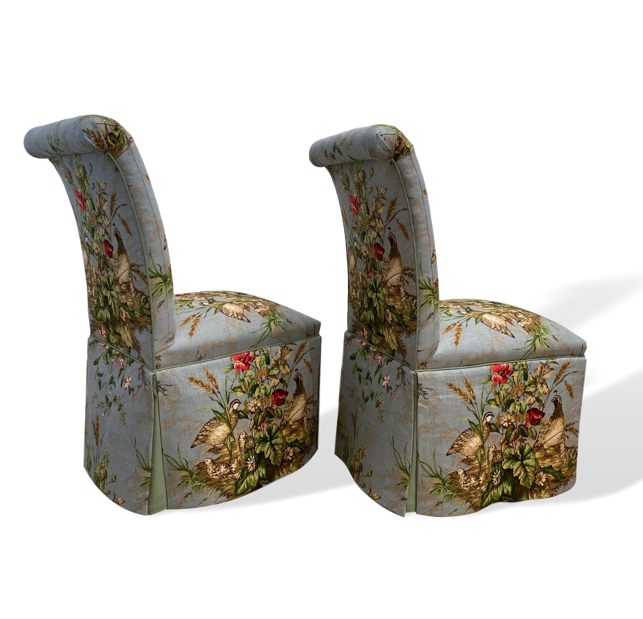 Hand-Crafted Pair of Parsons Chairs in Scalamandré Iconic Fabric 'Edwin's Covey' Brand-New