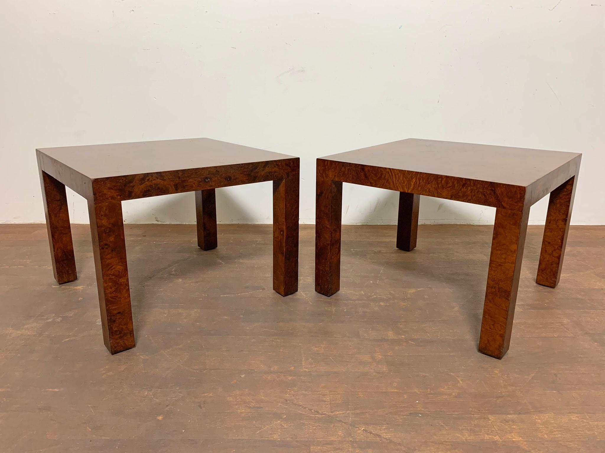 Mid-Century Modern Pair of Parsons Style Burl Wood Side Tables, Circa 1960s