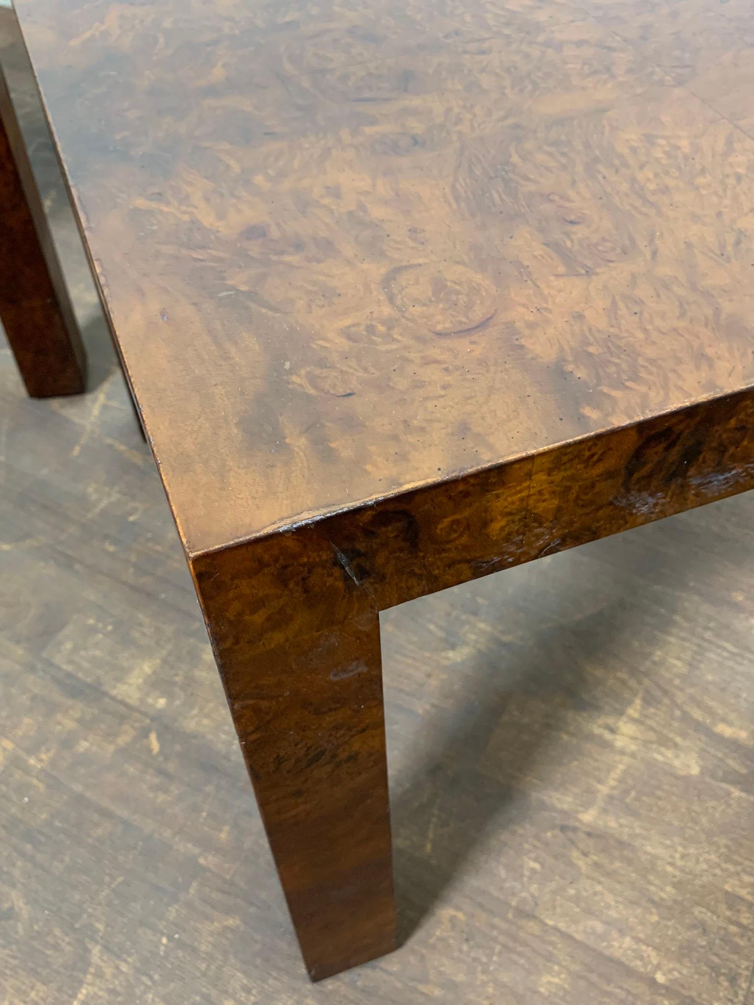 Pair of Parsons Style Burl Wood Side Tables, Circa 1960s In Good Condition In Peabody, MA