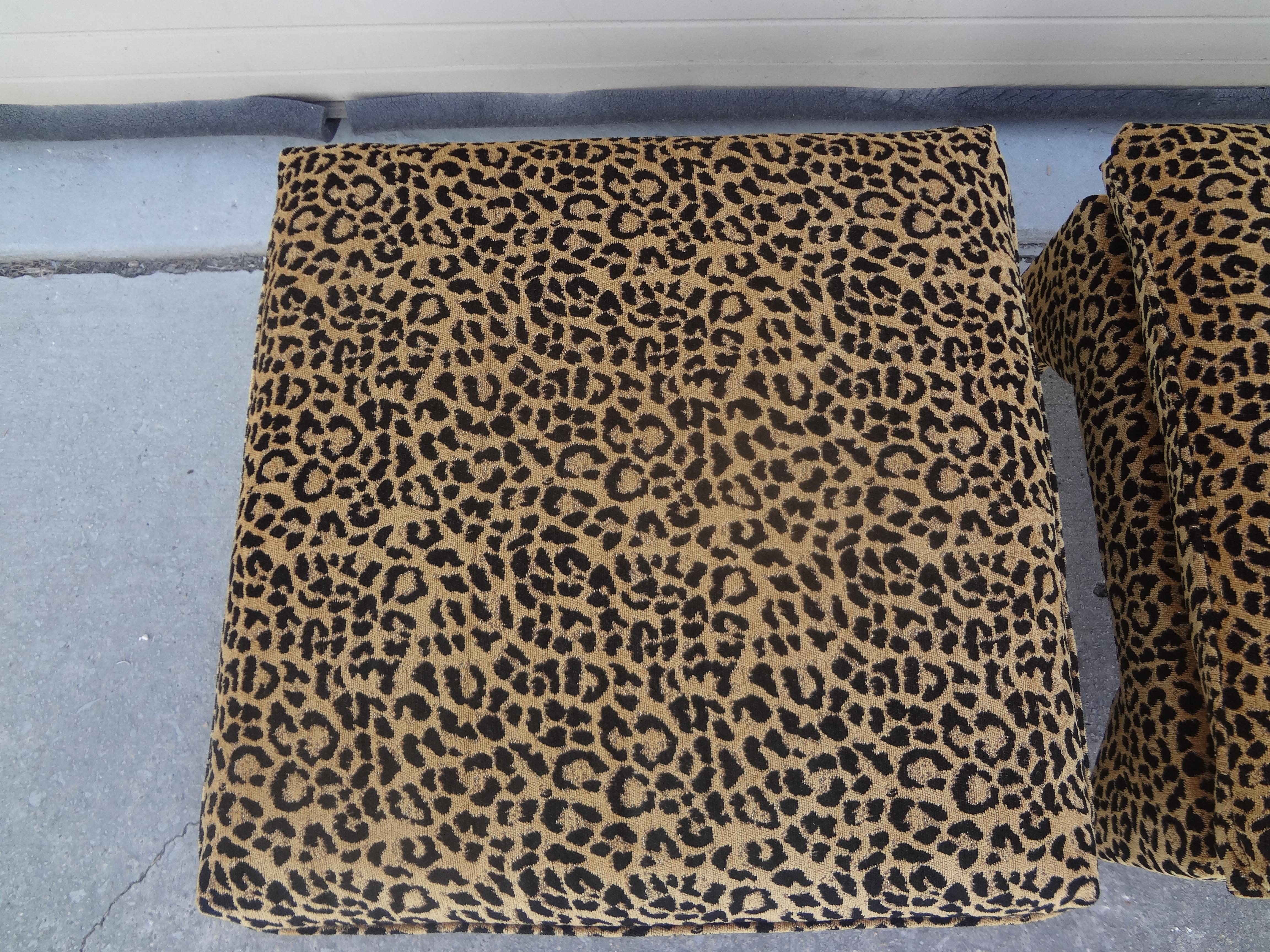 Chenille Pair of Billy Baldwin Style Parsons Leopard Print Ottomans