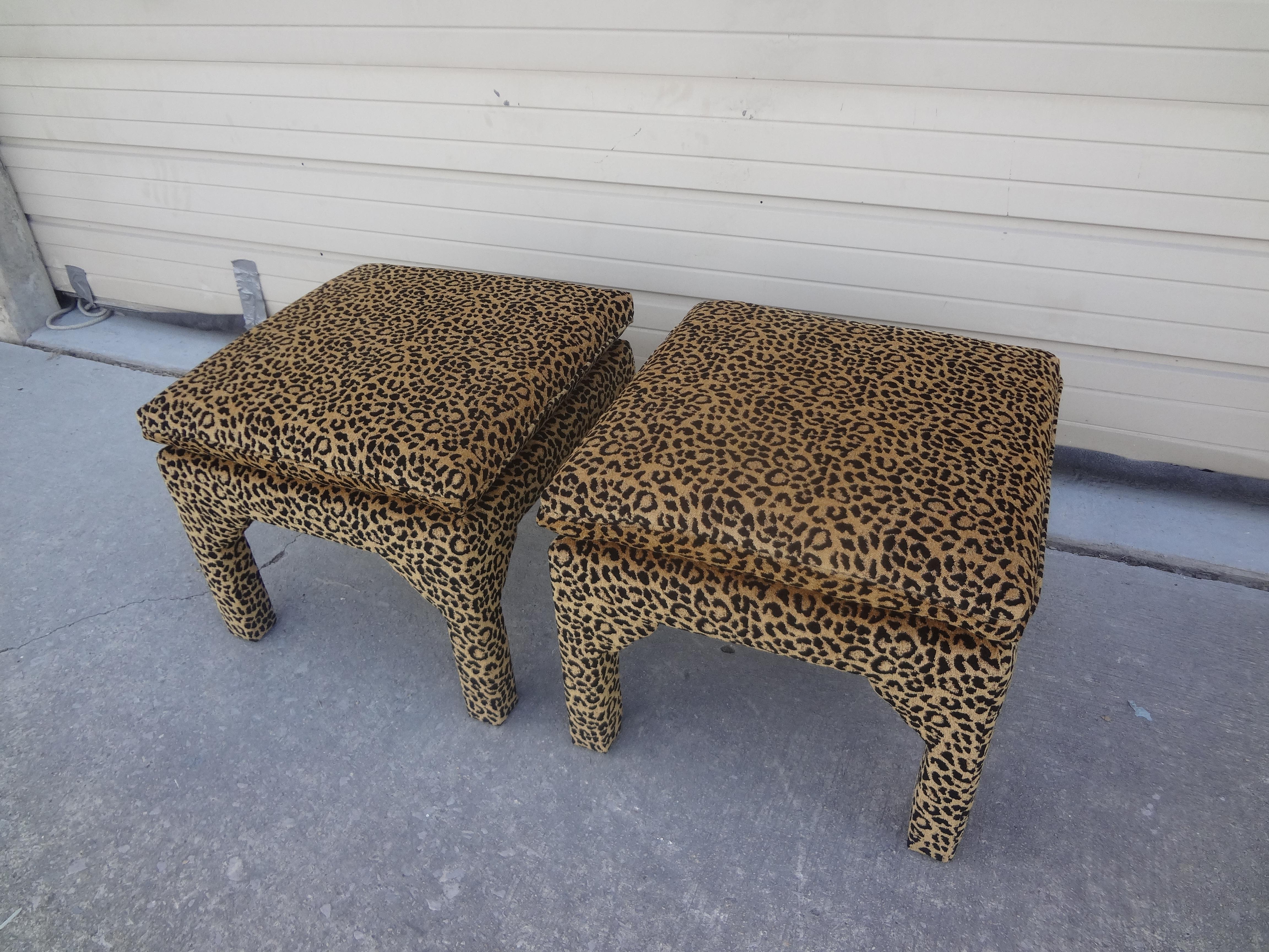 Hollywood Regency Pair of Billy Baldwin Style Parsons Leopard Print Ottomans