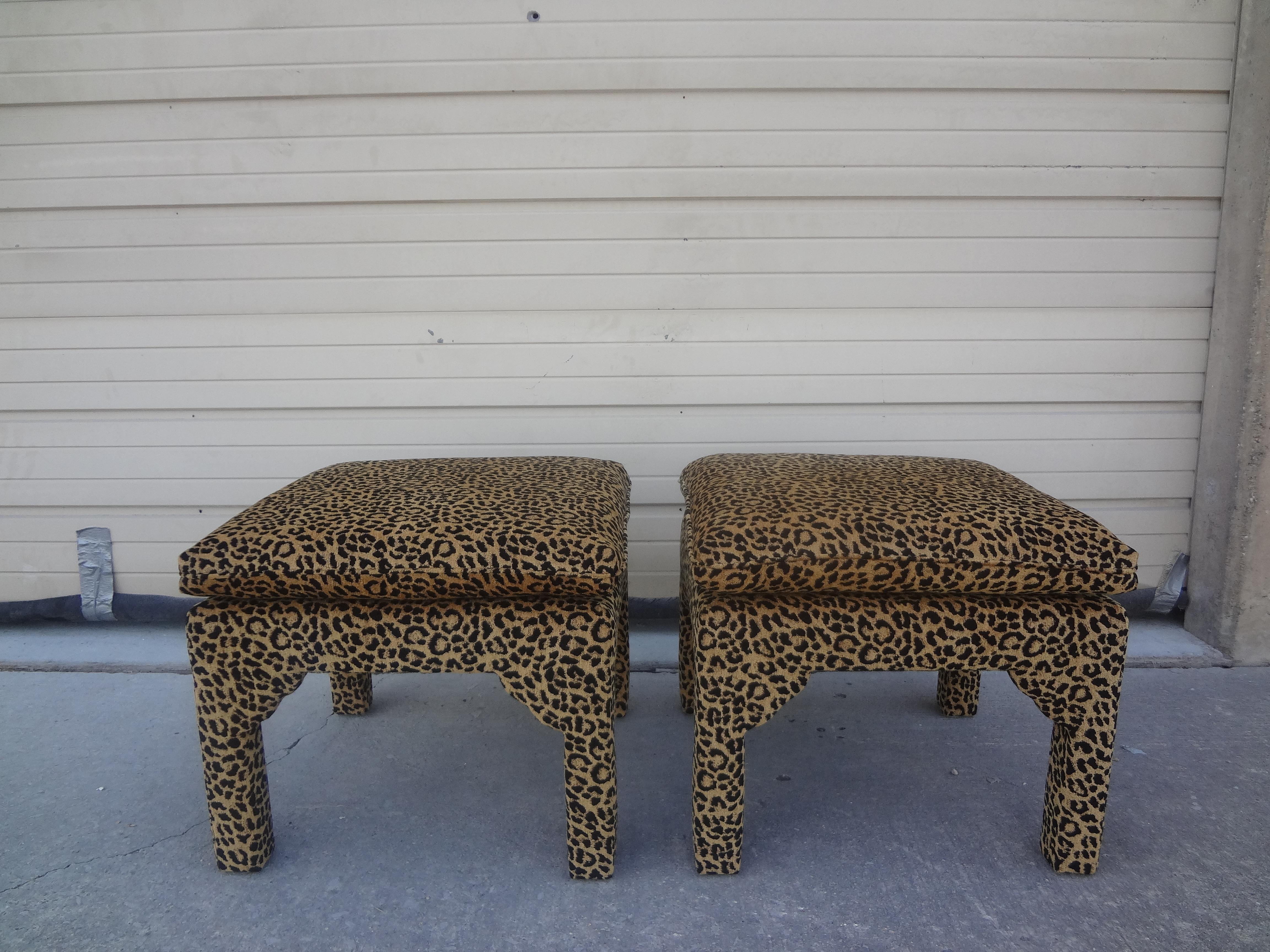 Late 20th Century Pair of Billy Baldwin Style Parsons Leopard Print Ottomans