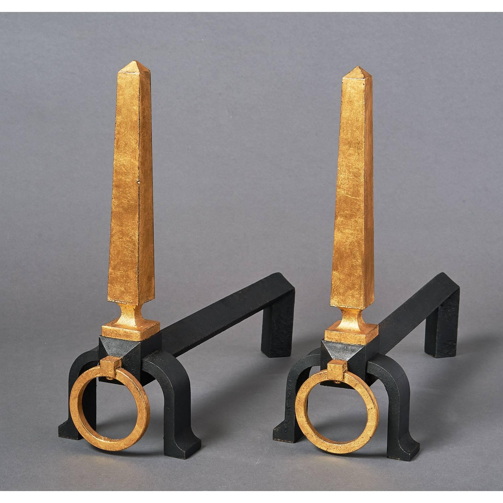 Gilbert Poillerat (1902-1988), attributed to
Handsome and important pair of partial gilt wrought iron andirons with obelisk and ring decor
France, 1950s.
Measures: 6 W x 18 D x 16 H.
Ref: Similar model Gilbert Poillerat by Francois Baudot, p.228.