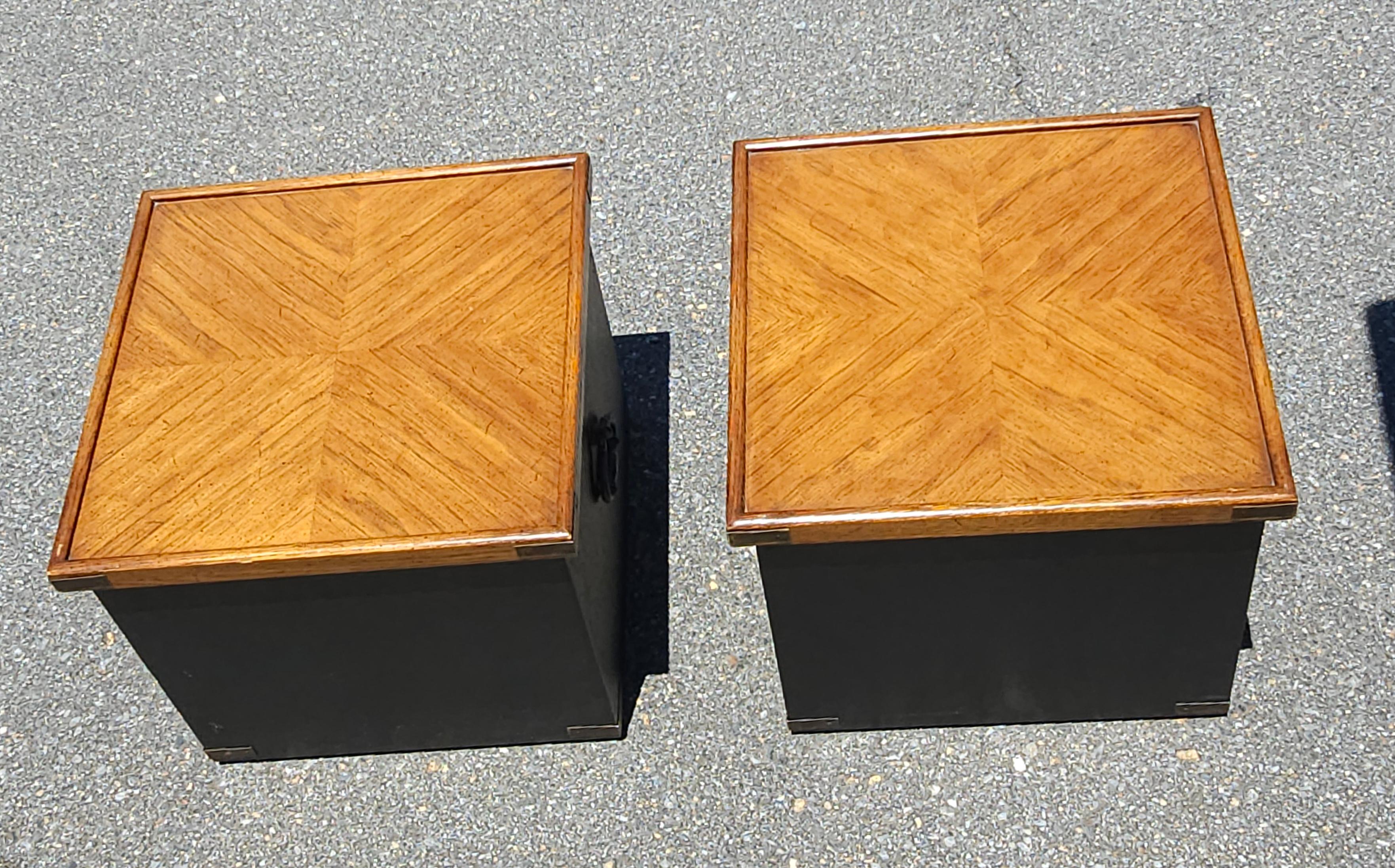 Pair of Partially Ebonized Storage Ottomans and Bookmatched Top Side Tables For Sale 3