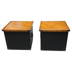 Pair of Partially Ebonized Storage Ottomans and Bookmatched Top Side Tables