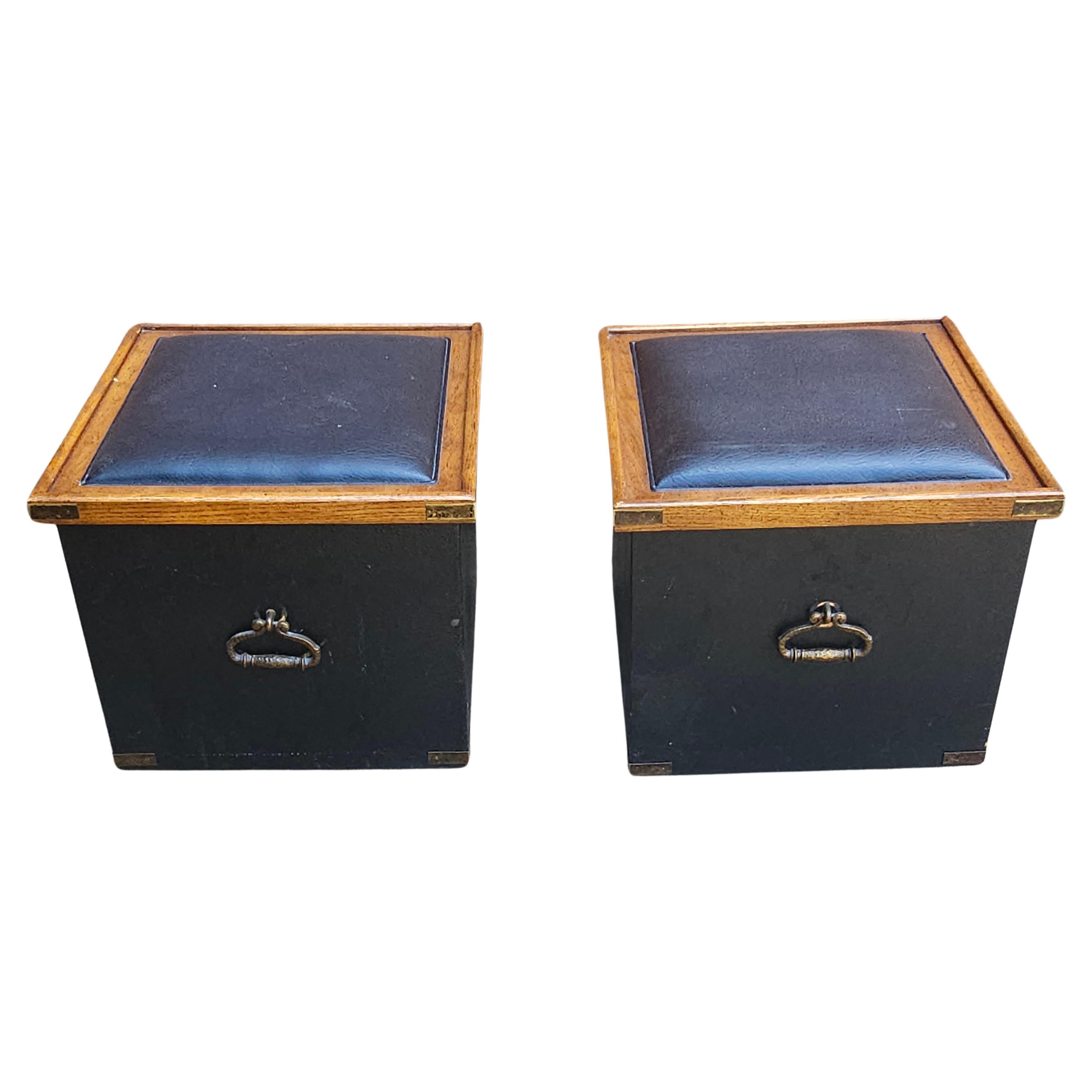Mid-Century Modern Pair of Partially Ebonized Storage Ottomans and Bookmatched Top Side Tables For Sale