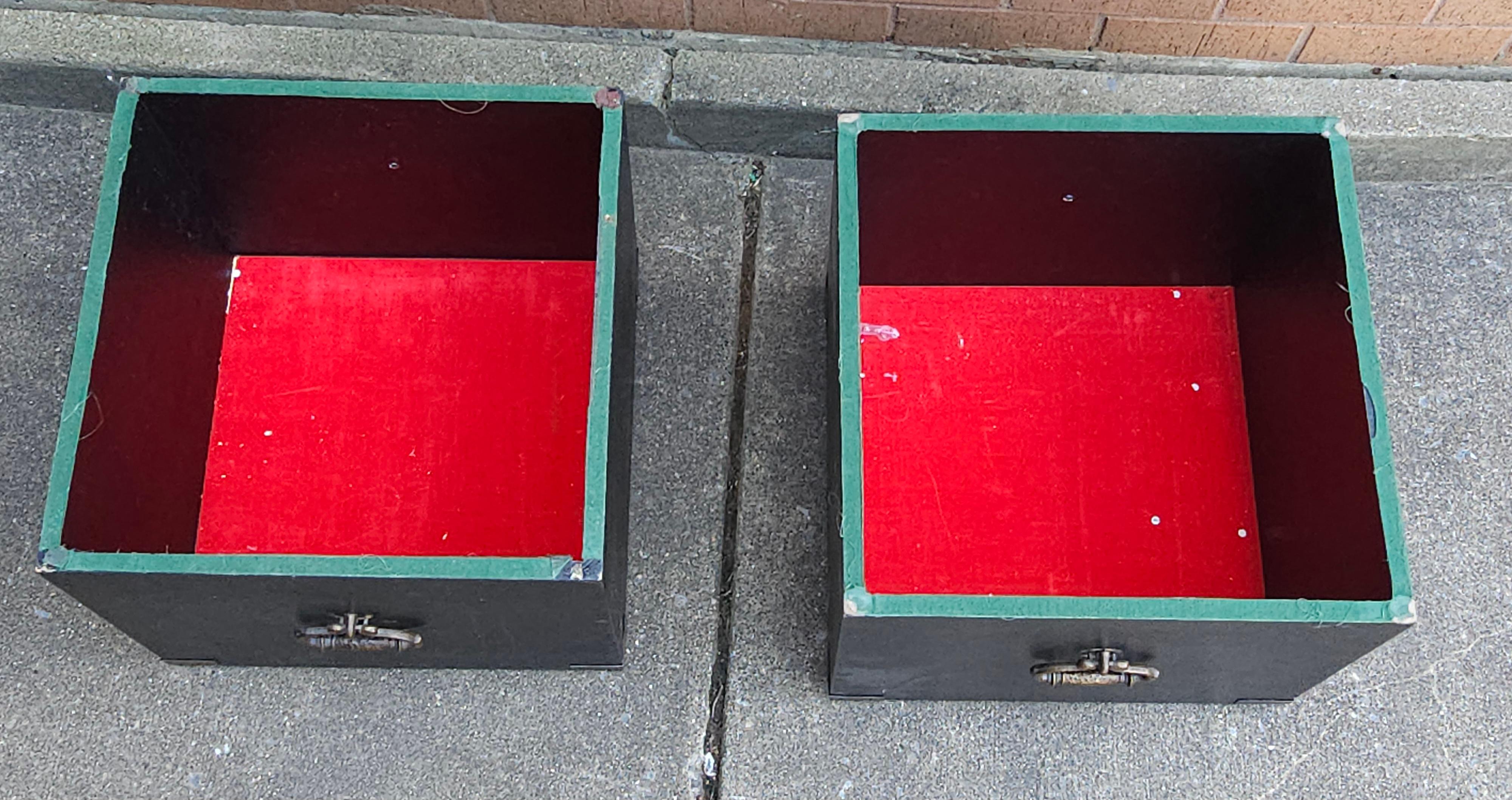 Faux Leather Pair of Partially Ebonized Storage Ottomans and Bookmatched Top Side Tables For Sale