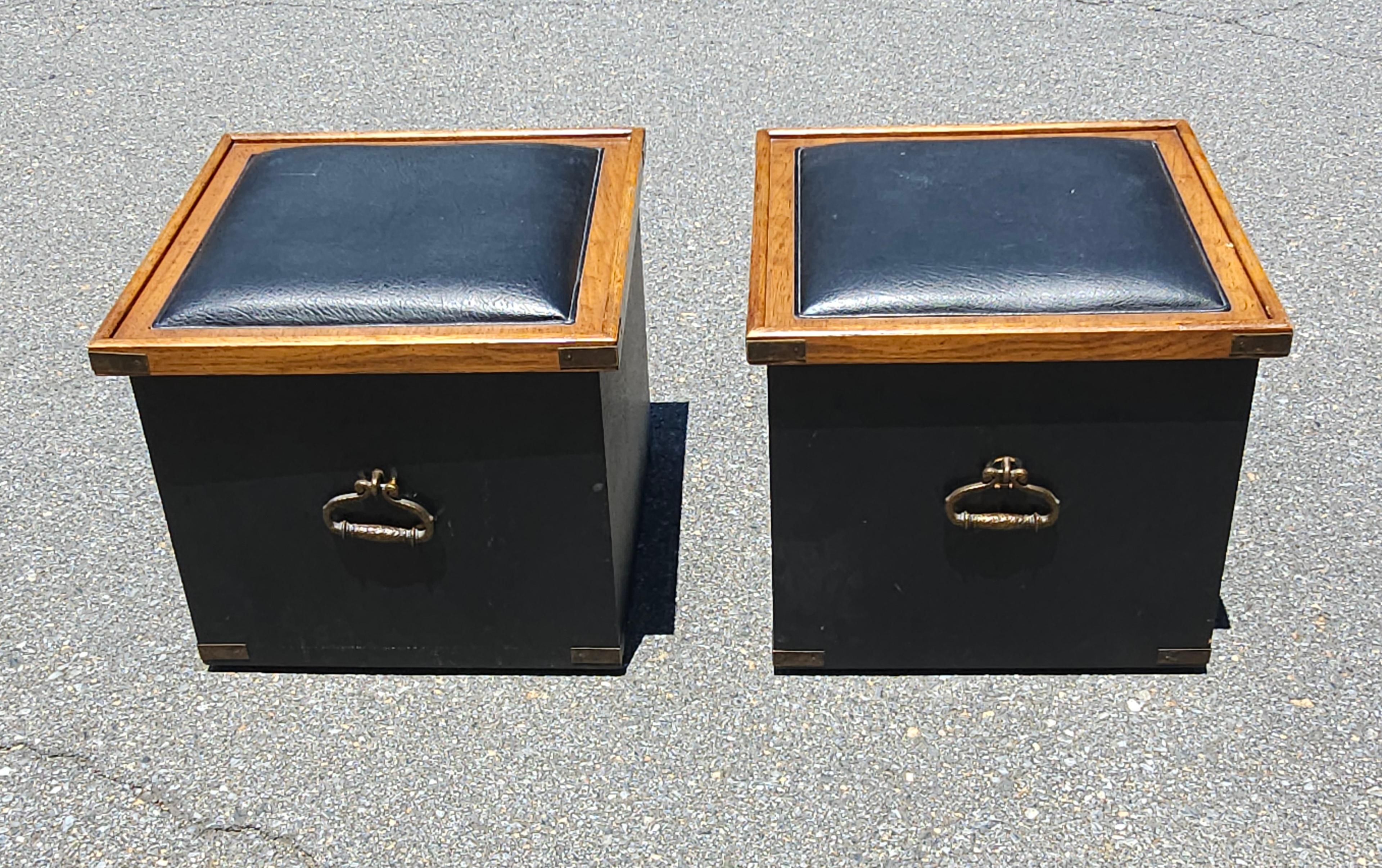 Pair of Partially Ebonized Storage Ottomans and Bookmatched Top Side Tables For Sale 1
