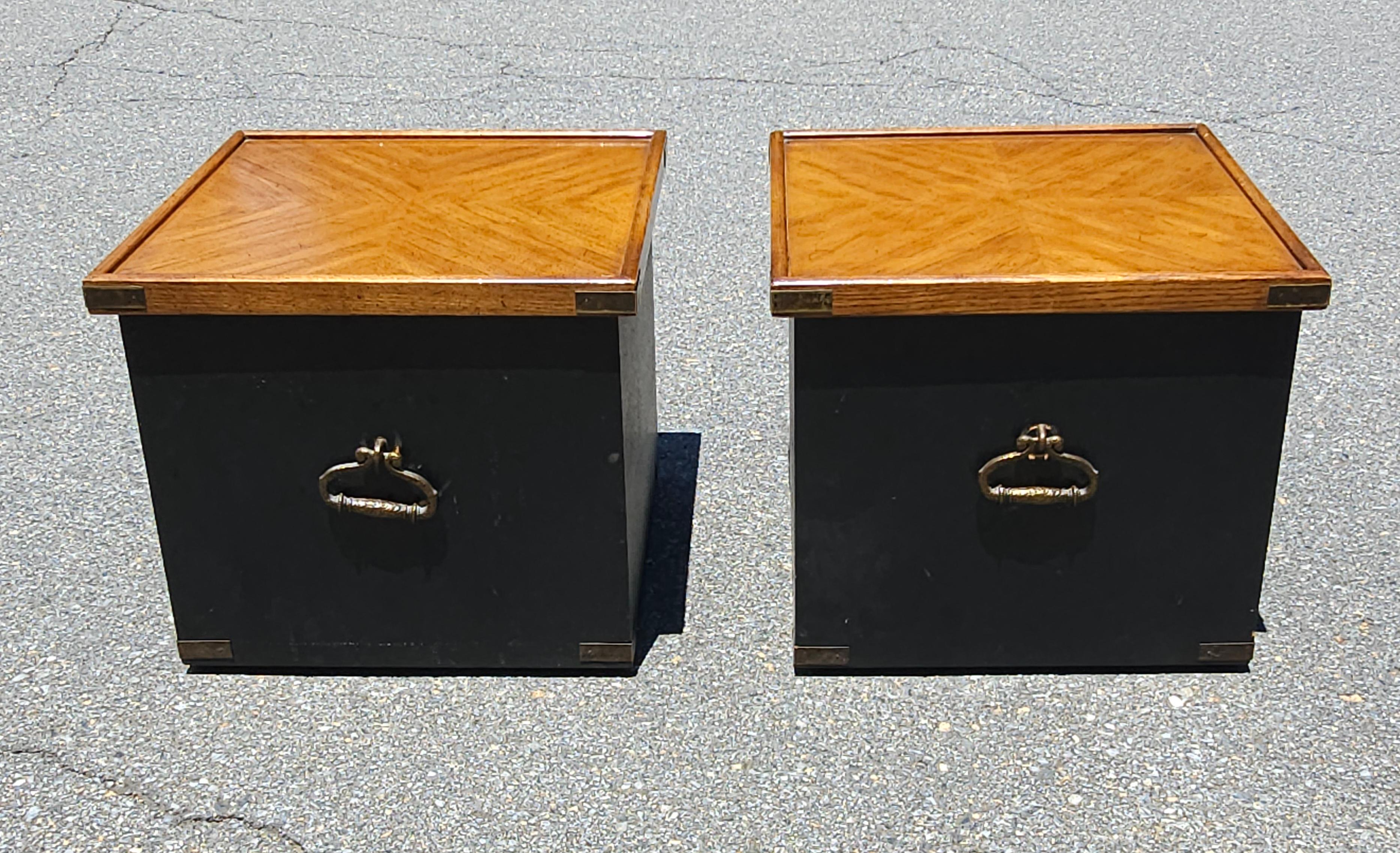Pair of Partially Ebonized Storage Ottomans and Bookmatched Top Side Tables For Sale 2