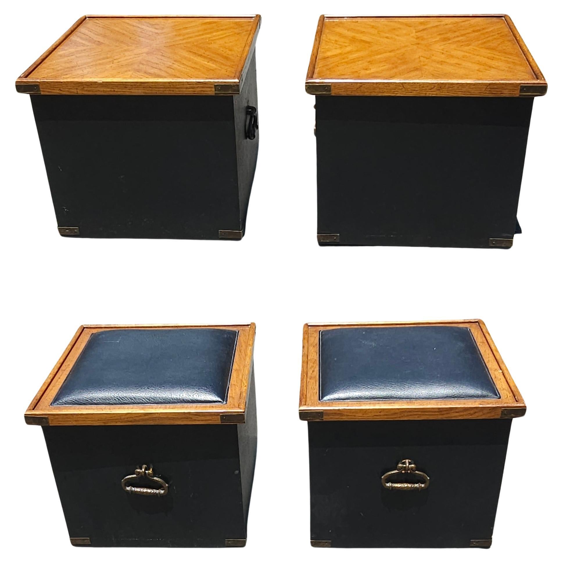 Pair of Partially Ebonized Storage Ottomans and Bookmatched Top Side Tables For Sale