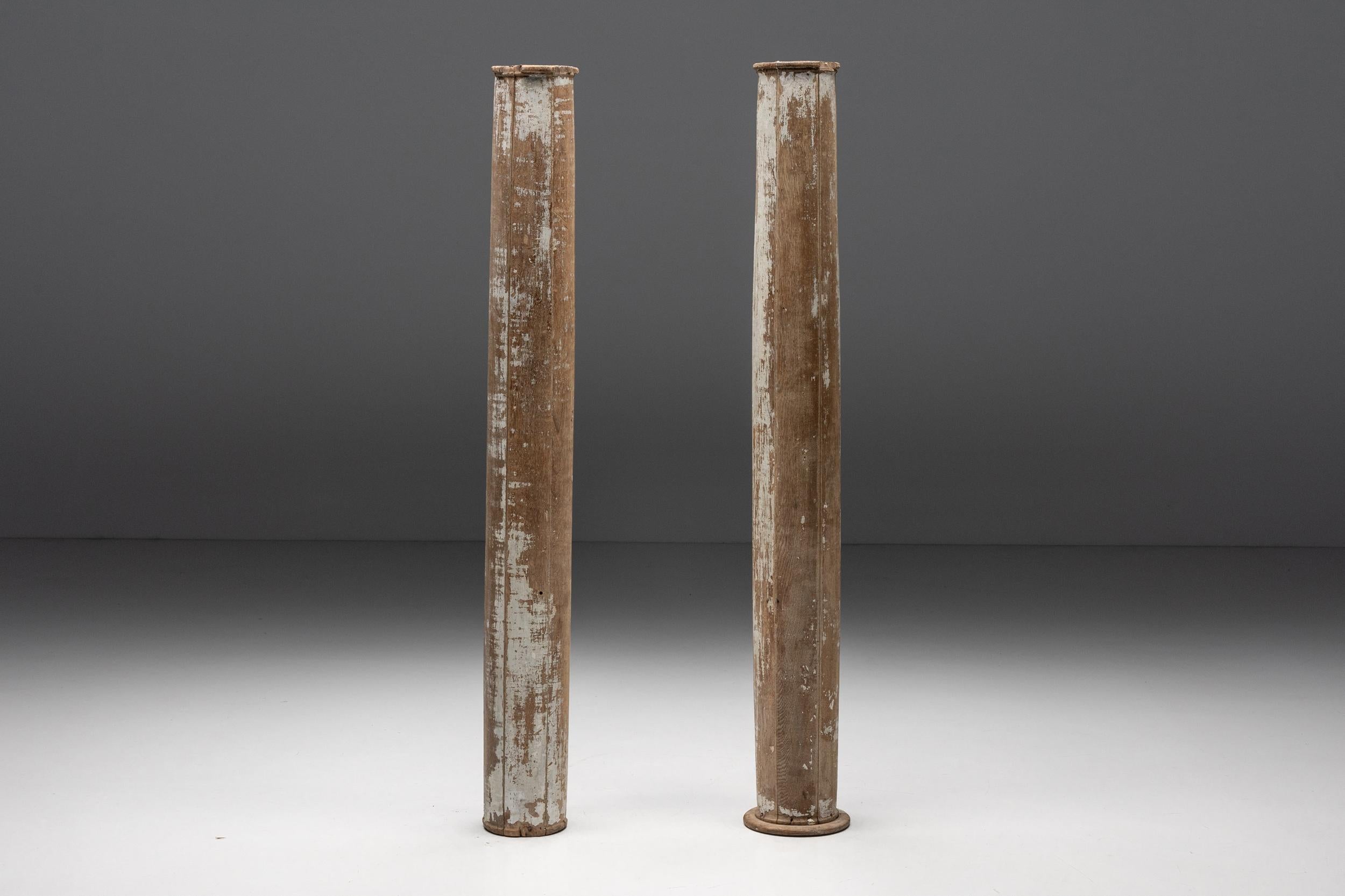 Rustic Pair of Partly Patinated Wooden Columns, 19th Century For Sale