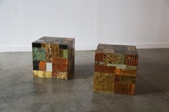 Pair of Patchwork Cube Tables in the Manner of Paul Evans Copper, Mixed Metals
