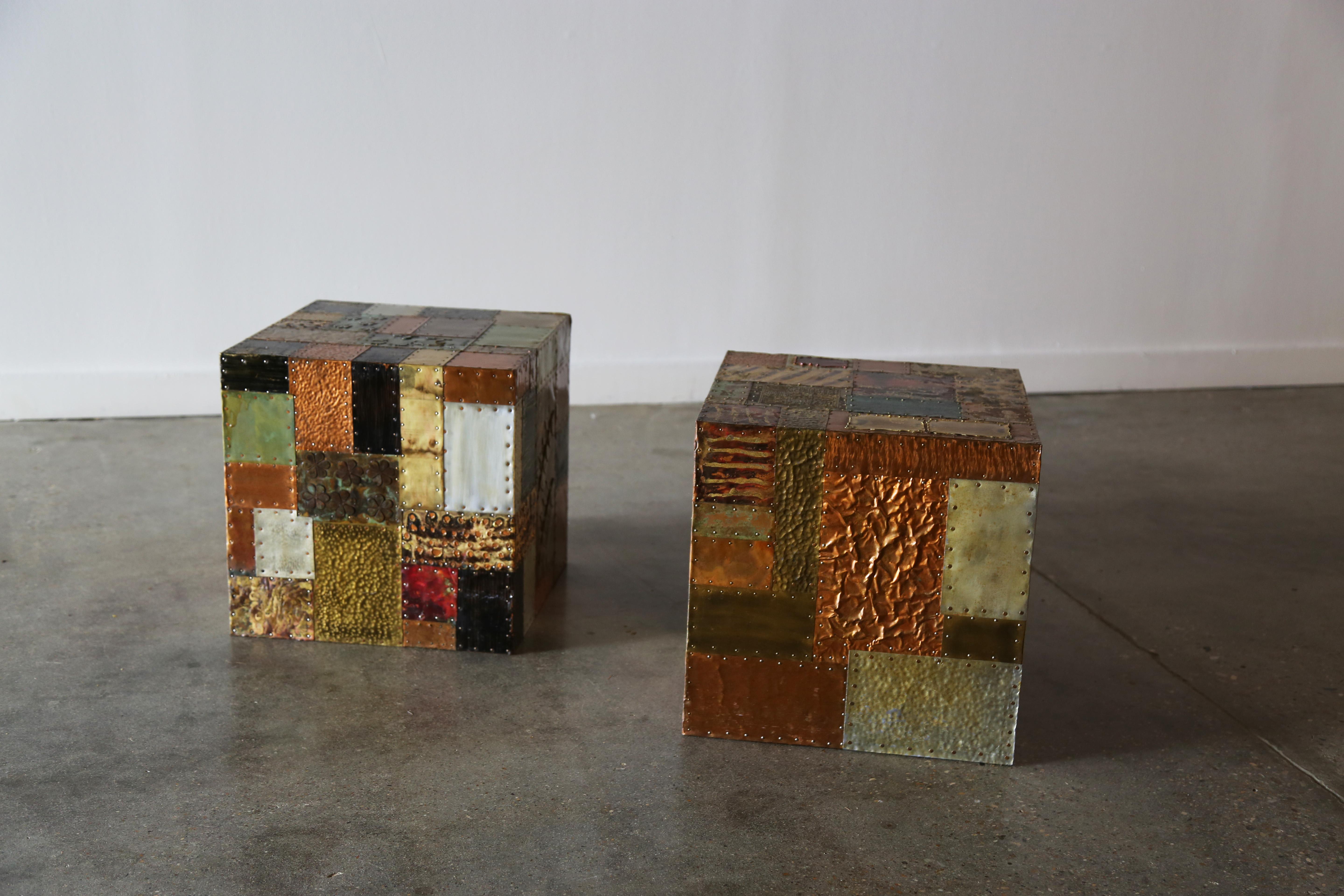 Mid-Century Modern Pair of Patchwork Cube Tables in the Manner of Paul Evans Copper, Mixed Metals