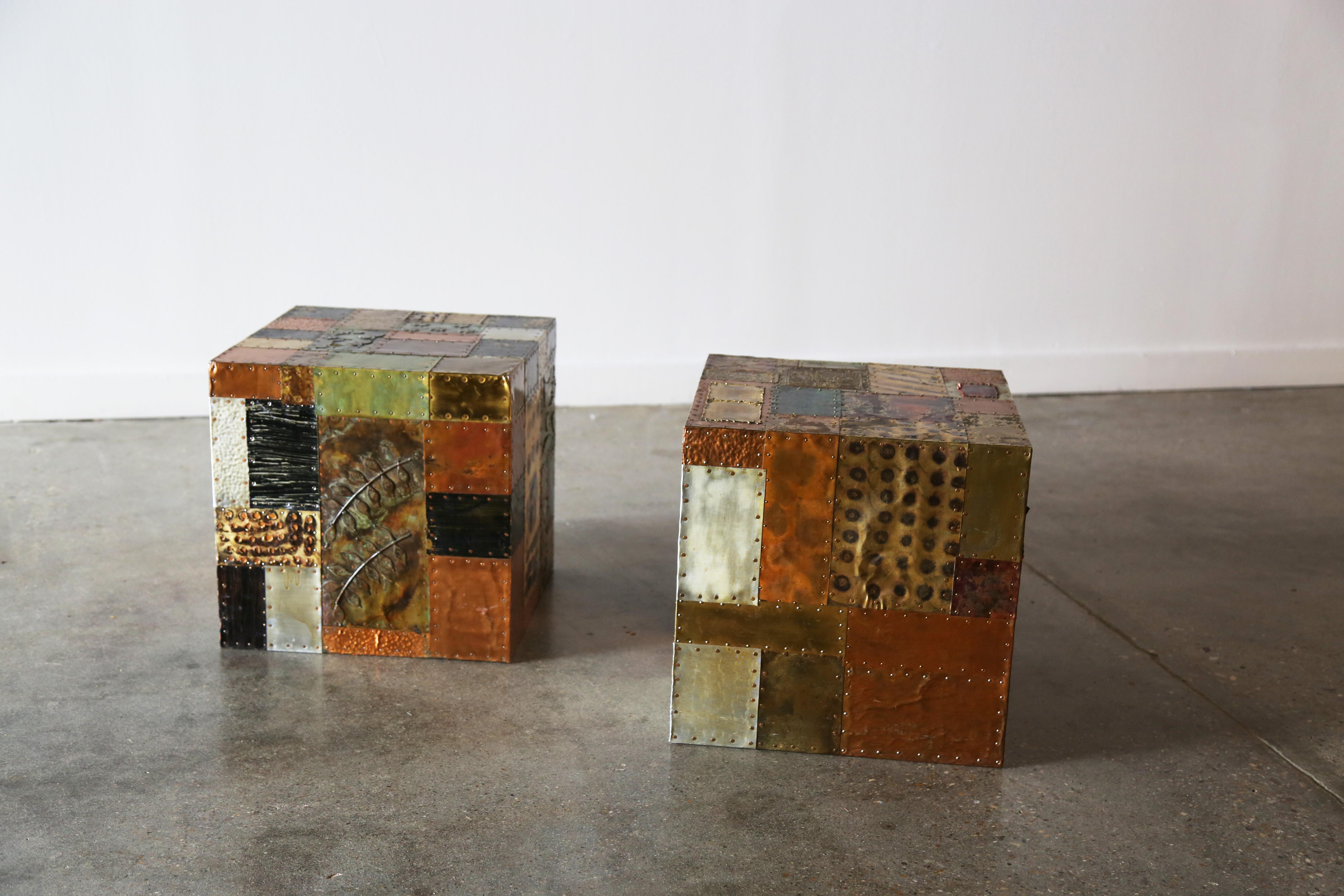 American Pair of Patchwork Cube Tables in the Manner of Paul Evans Copper, Mixed Metals