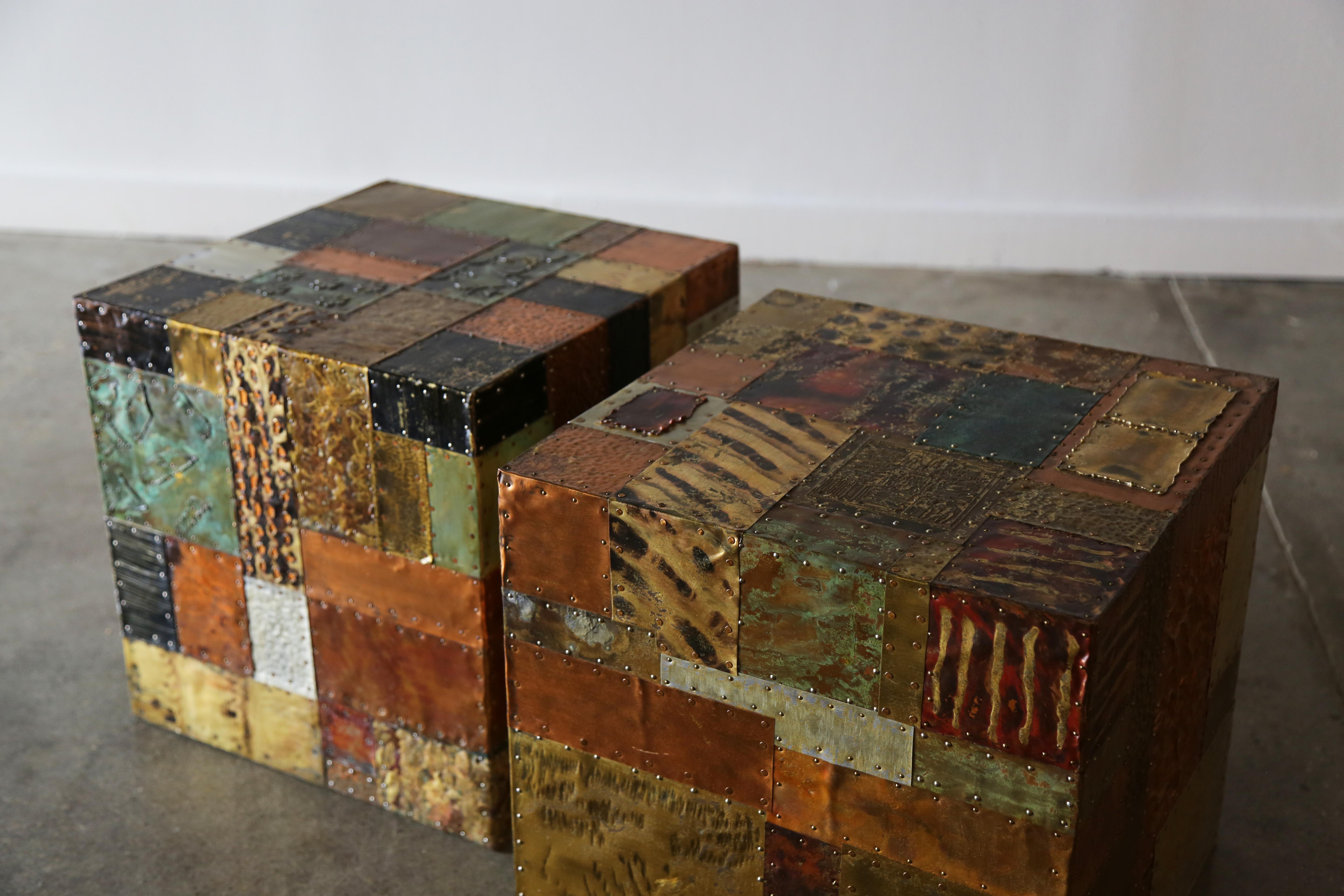 Pair of Patchwork Cube Tables in the Manner of Paul Evans Copper, Mixed Metals In Good Condition In Virginia Beach, VA