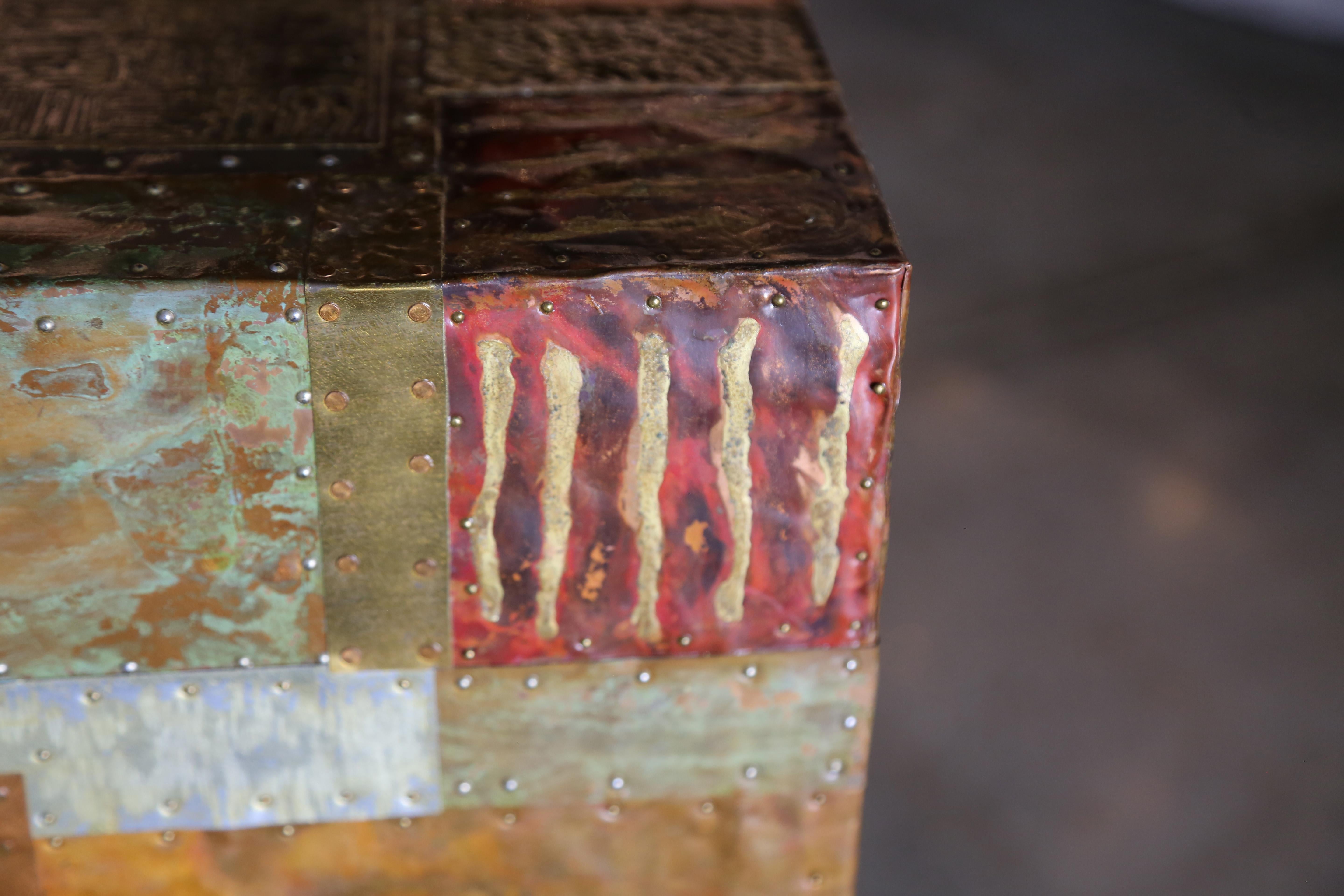 Pair of Patchwork Cube Tables in the Manner of Paul Evans Copper, Mixed Metals 1