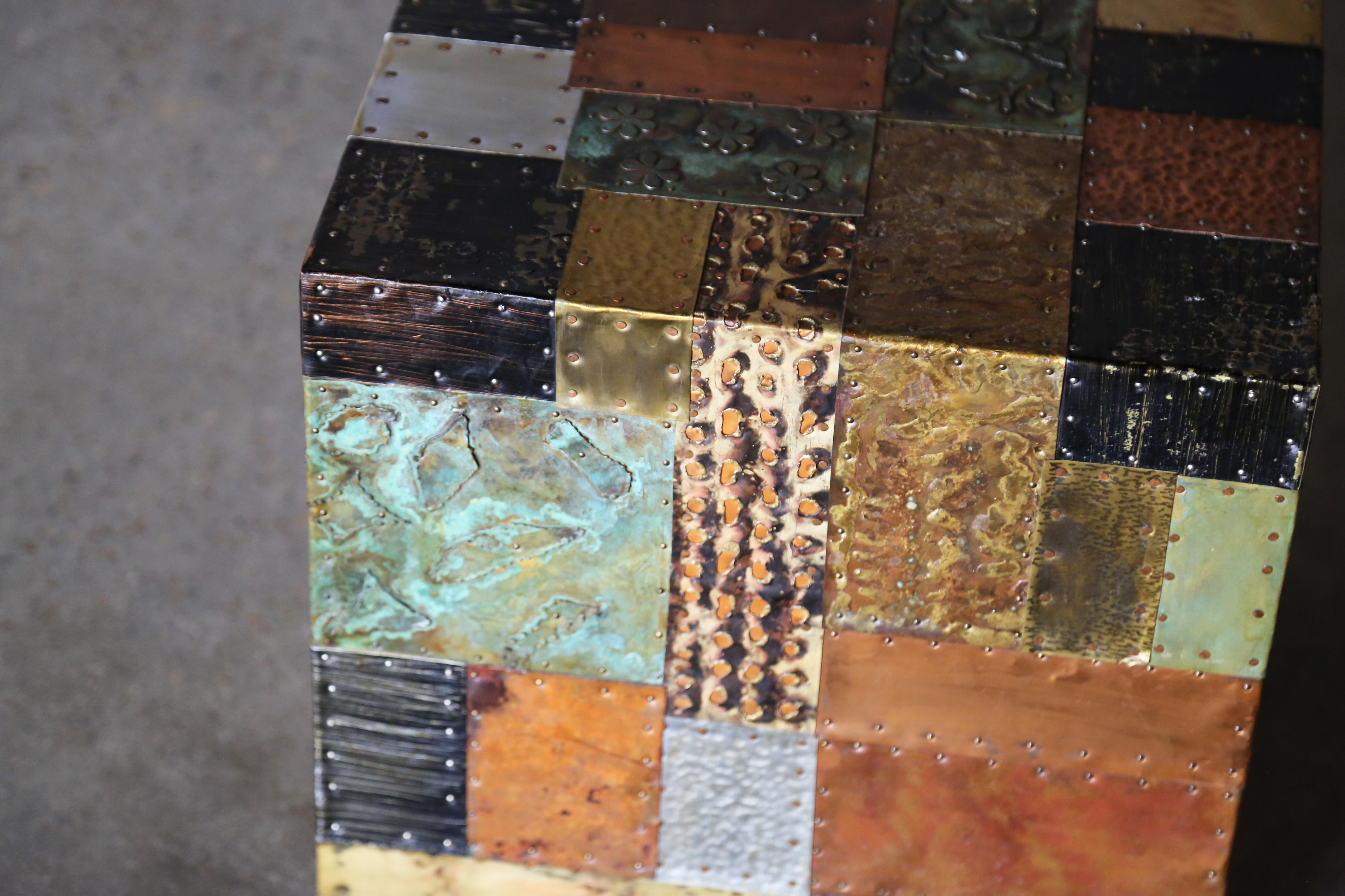 Pair of Patchwork Cube Tables in the Manner of Paul Evans Copper, Mixed Metals 2