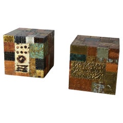 Pair of Patchwork Cube Tables in the Manner of Paul Evans Copper, Mixed Metals