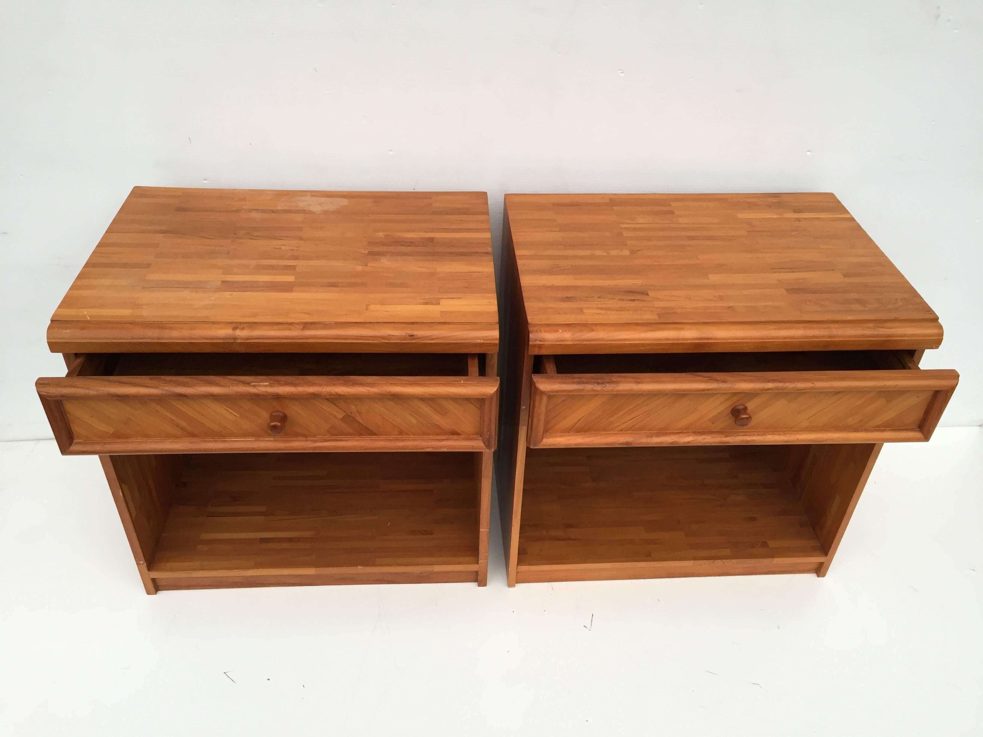 Pair of patch work nightstand, lamp, side or end tables after Percivql Lafer.