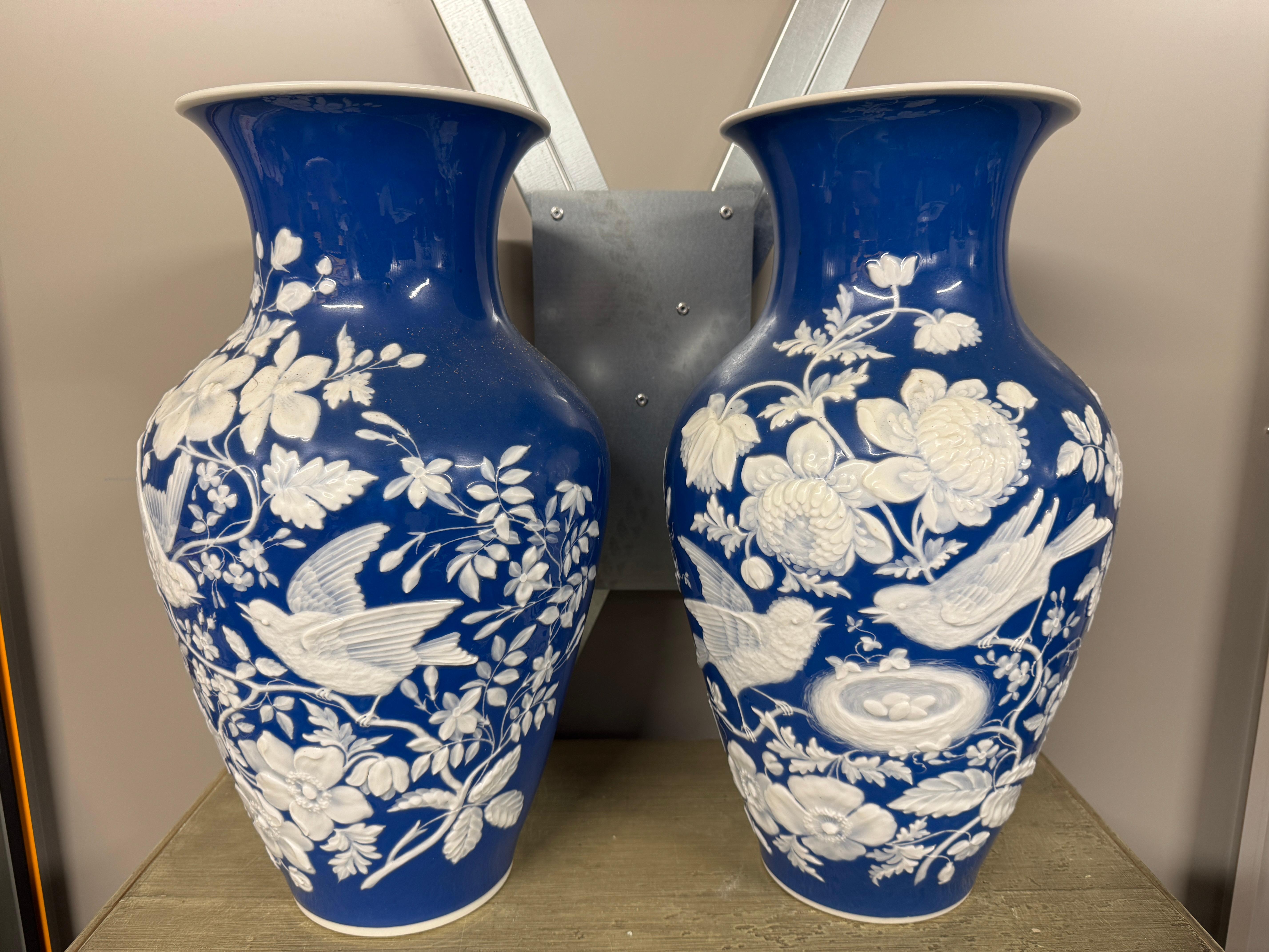 Pair of French 'Pate Sur Pate' Porcelain Vases, in cobalt blue with raised brilliant white flower and birds décor, approx 17