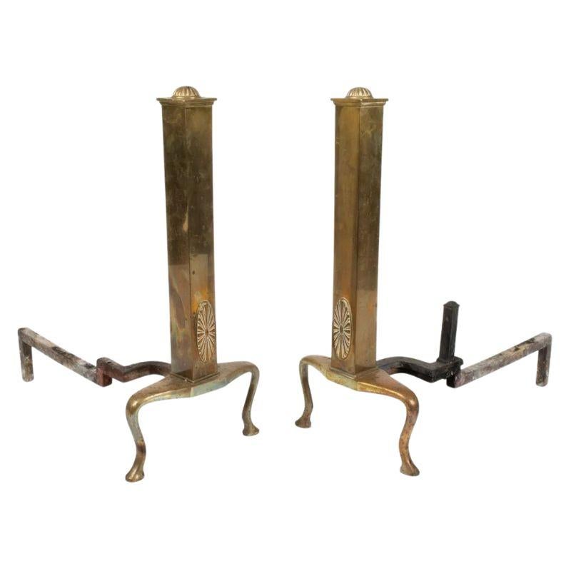 Pair of Patera Medallion Tall Brass Andirons In Good Condition For Sale In Locust Valley, NY