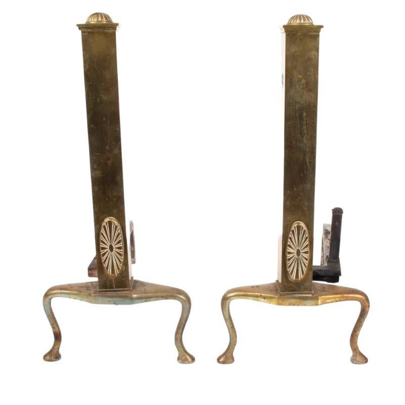 20th Century Pair of Patera Medallion Tall Brass Andirons For Sale