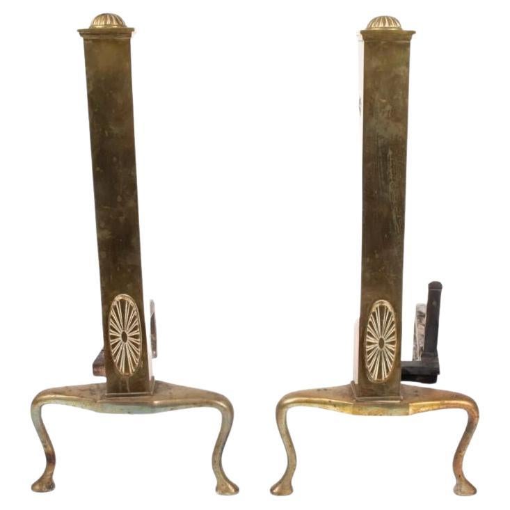 Pair of Patera Medallion Tall Brass Andirons For Sale