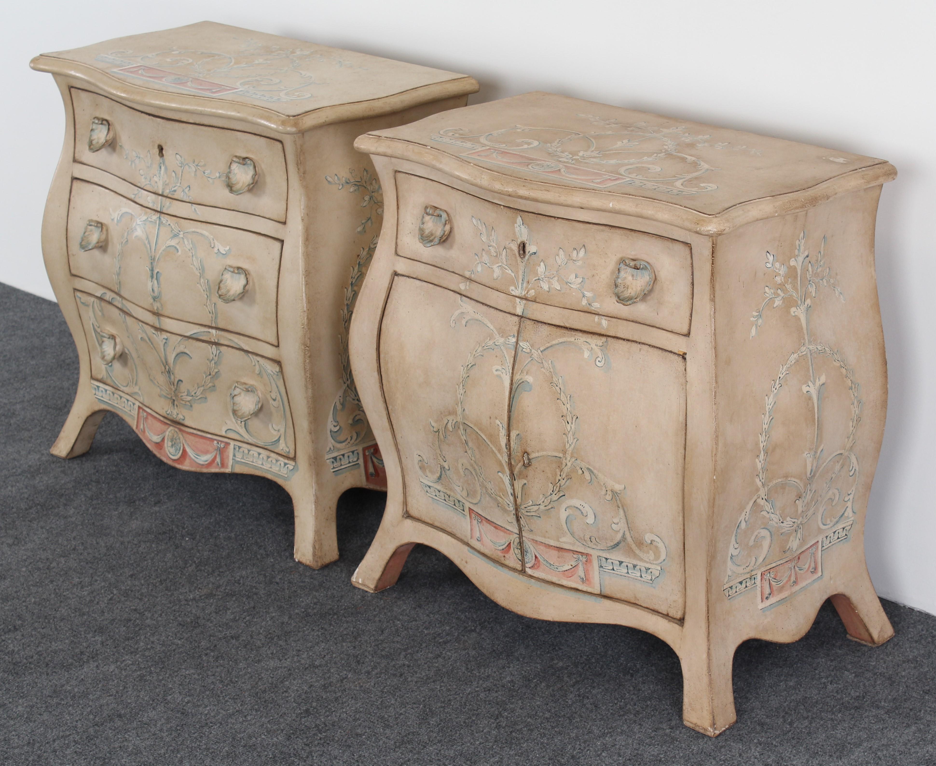 A Bohemian pair of hand painted nightstands or chests made by Patina, makers of Fine painted furniture. Good condition with some paint flaking as shown in images. Age appropriate wear. These nightstands are approximately $3,000 a piece new.