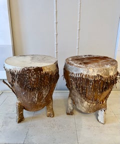 Pair of Patinated African Zebra Hide Drums