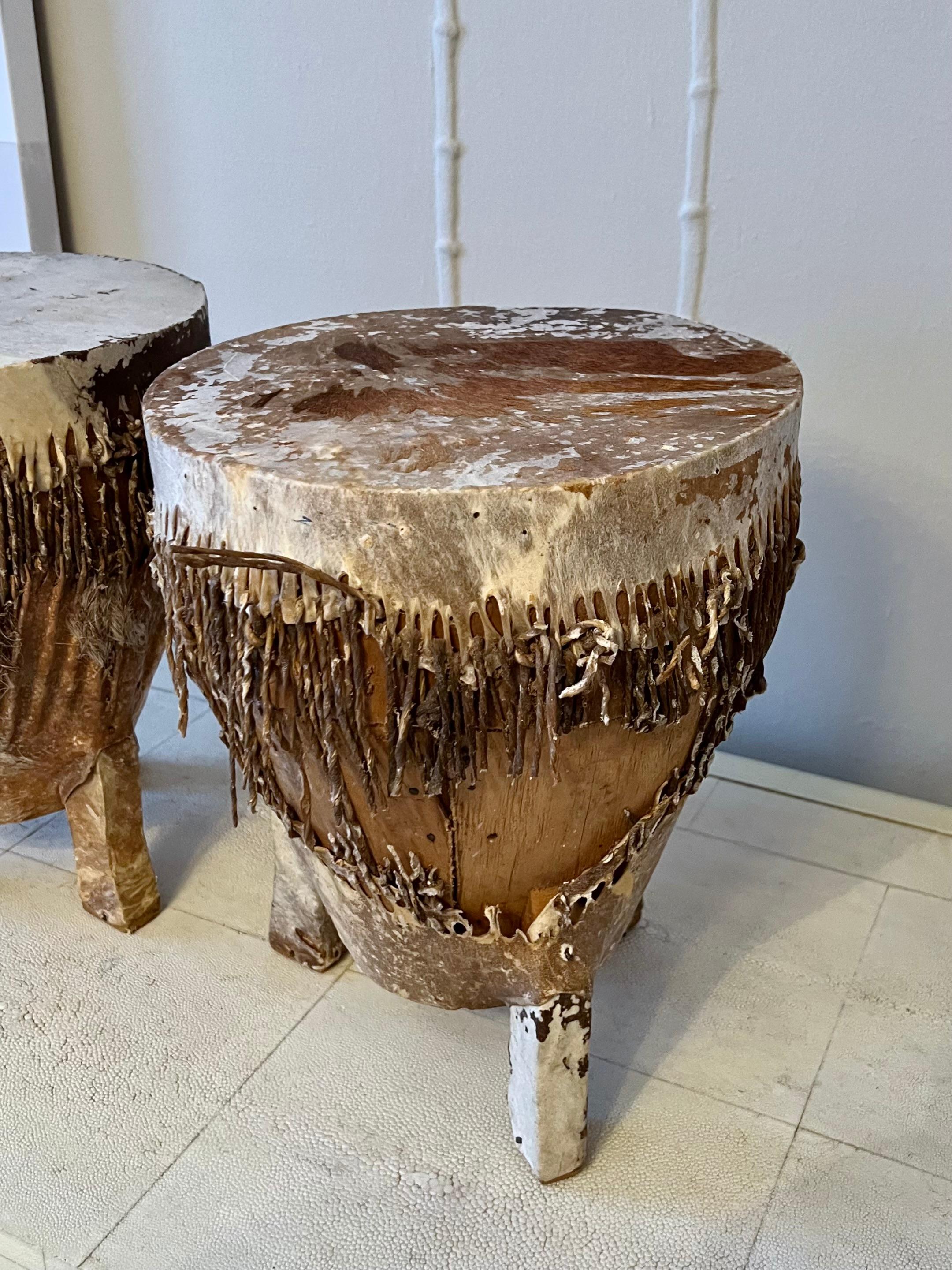 Folk Art Pair of Patinated African Zebra Hide Drums