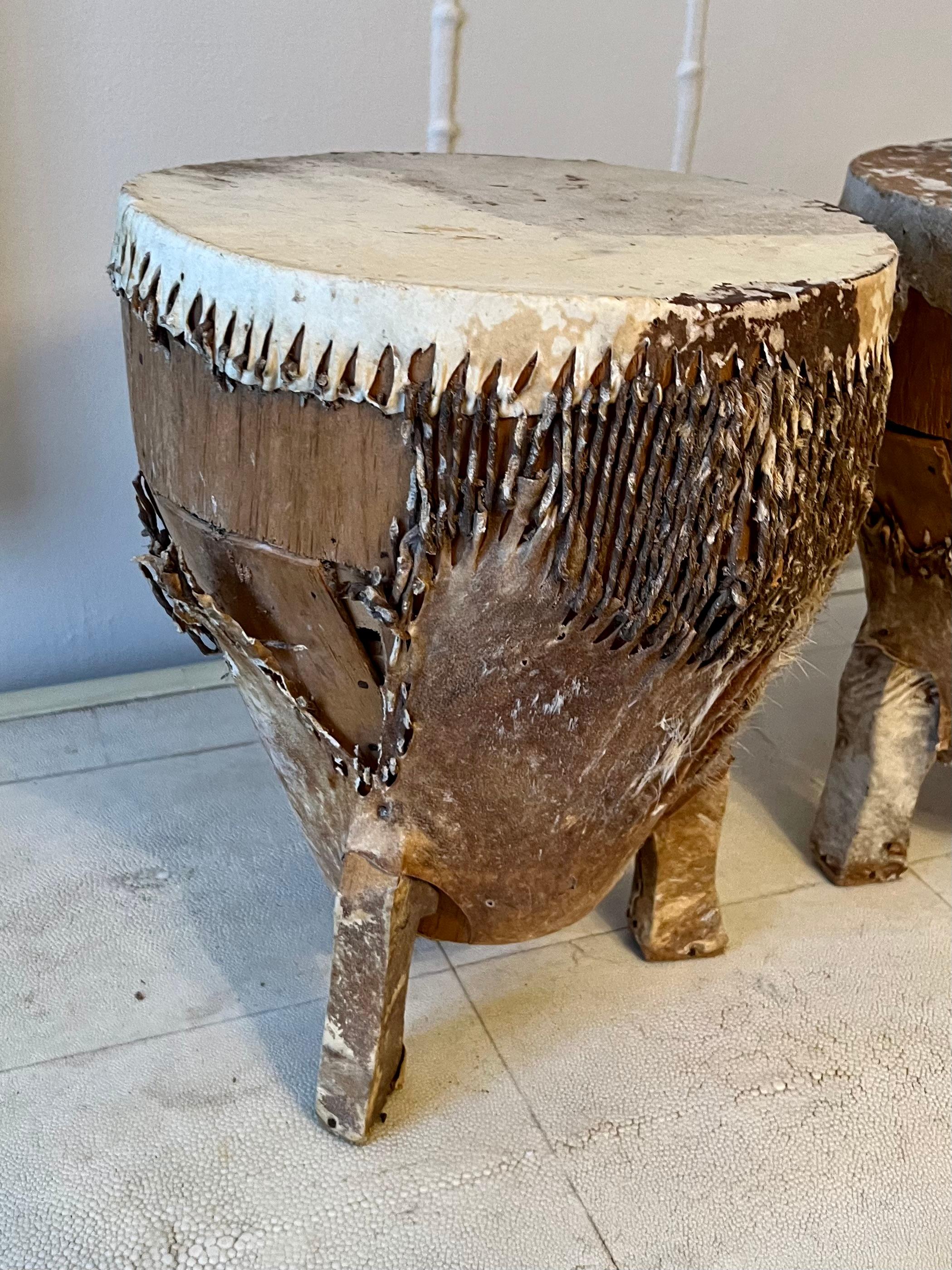 Hand-Crafted Pair of Patinated African Zebra Hide Drums