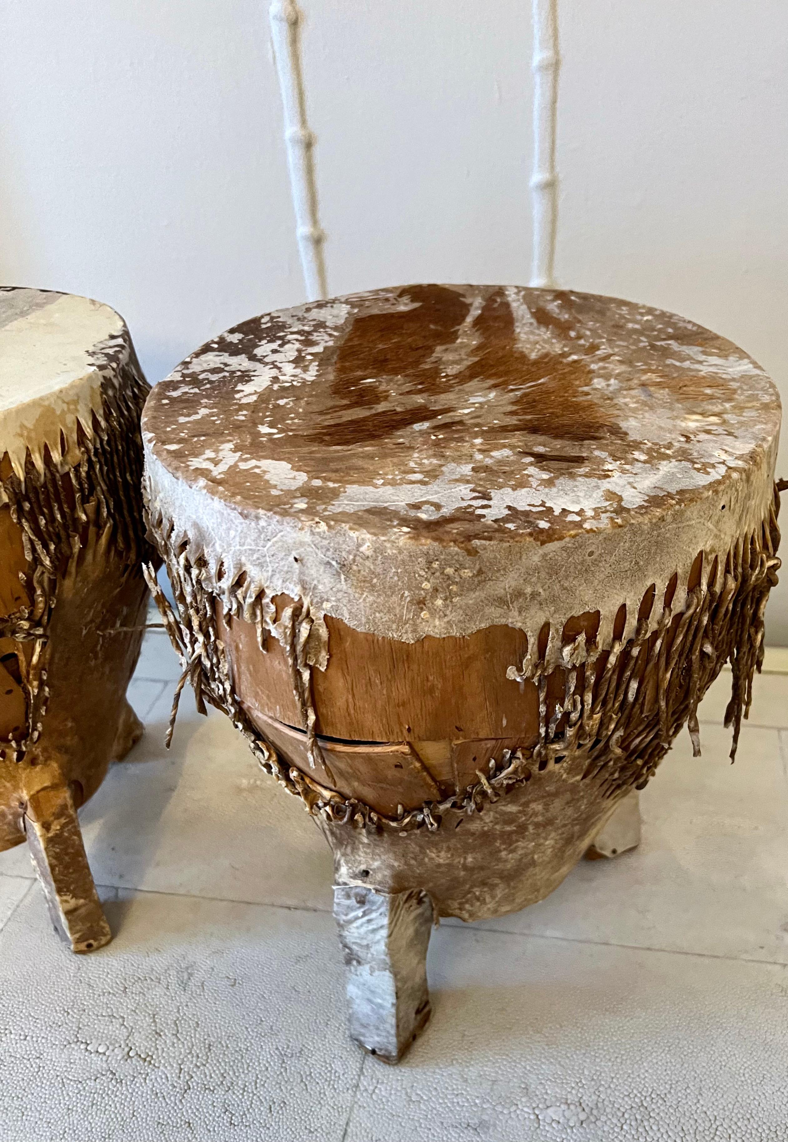 20th Century Pair of Patinated African Zebra Hide Drums