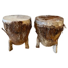 Pair of Patinated African Zebra Hide Drums