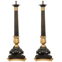 Pair of Patinated and Fire Gilt Bronze Tall Empire Candelabra Bases