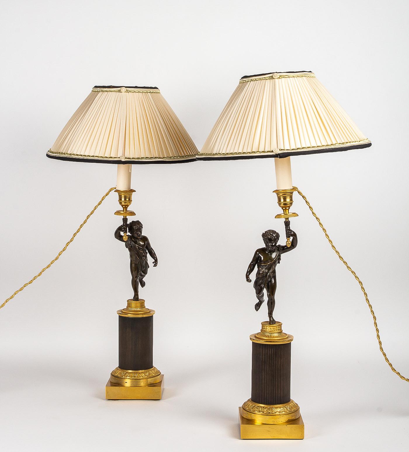 Gilt Pair of Patinated and Gilded Candlesticks, Converted in Table-Lamps